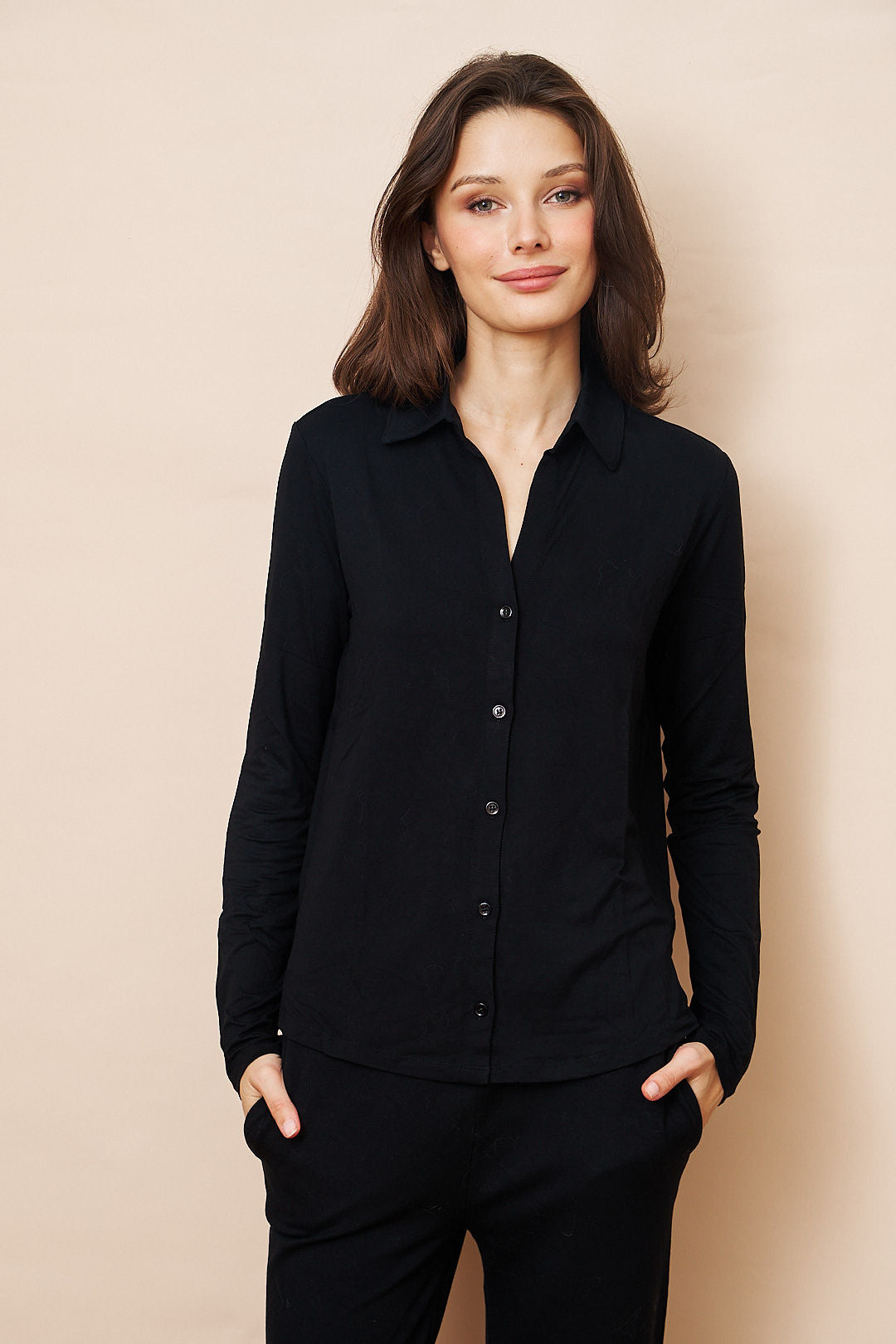 Majestic Soft Touch Semi Relaxed Button Down Long Sleeve in Noir