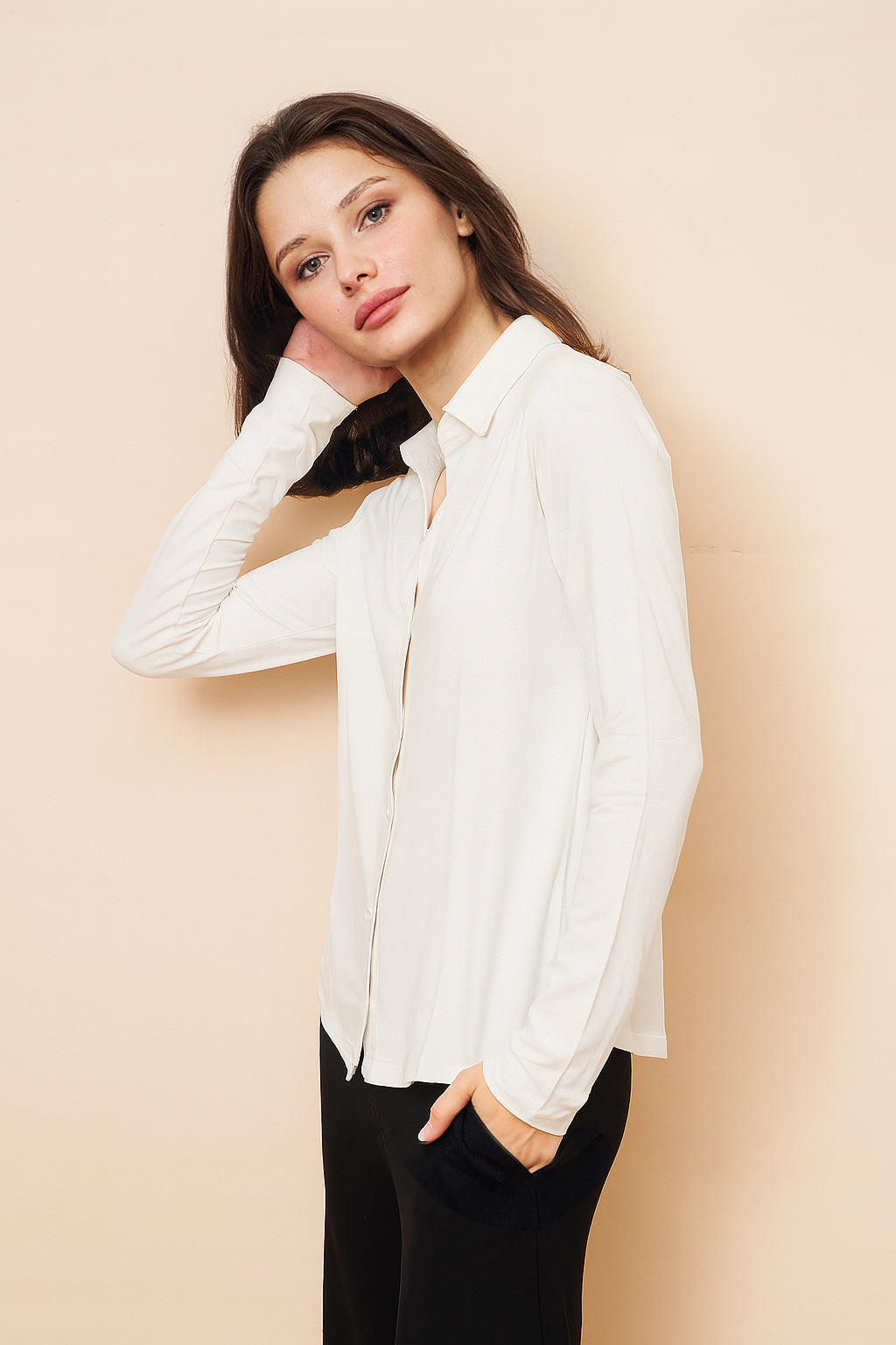 Majestic Soft Touch Semi Relaxed Button Down Long Sleeve in White