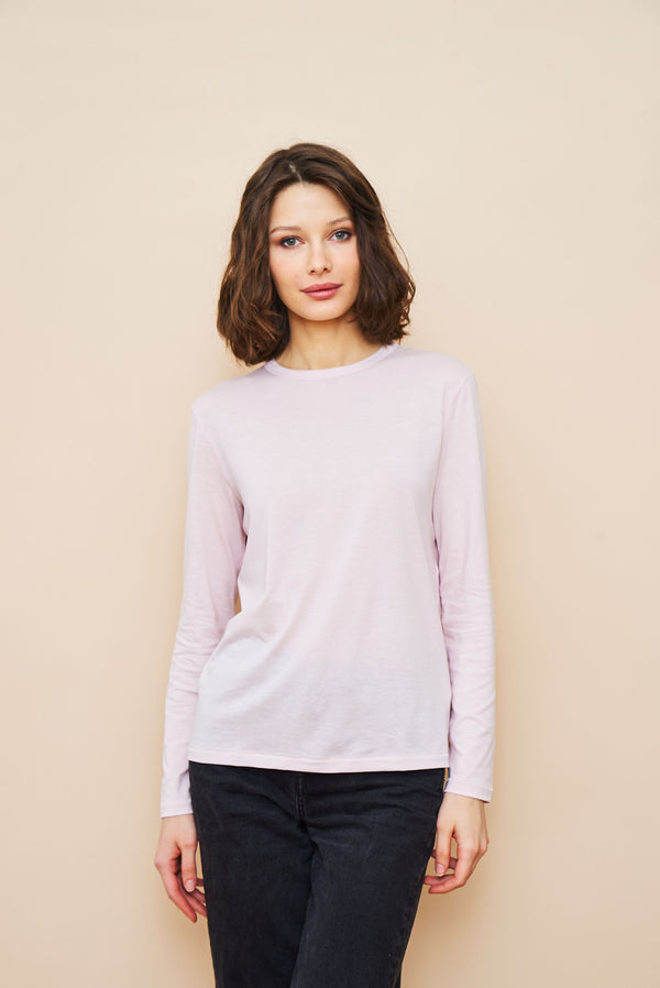 Lyocell Cotton Long Sleeve Semi Relaxed Crewneck in Petale