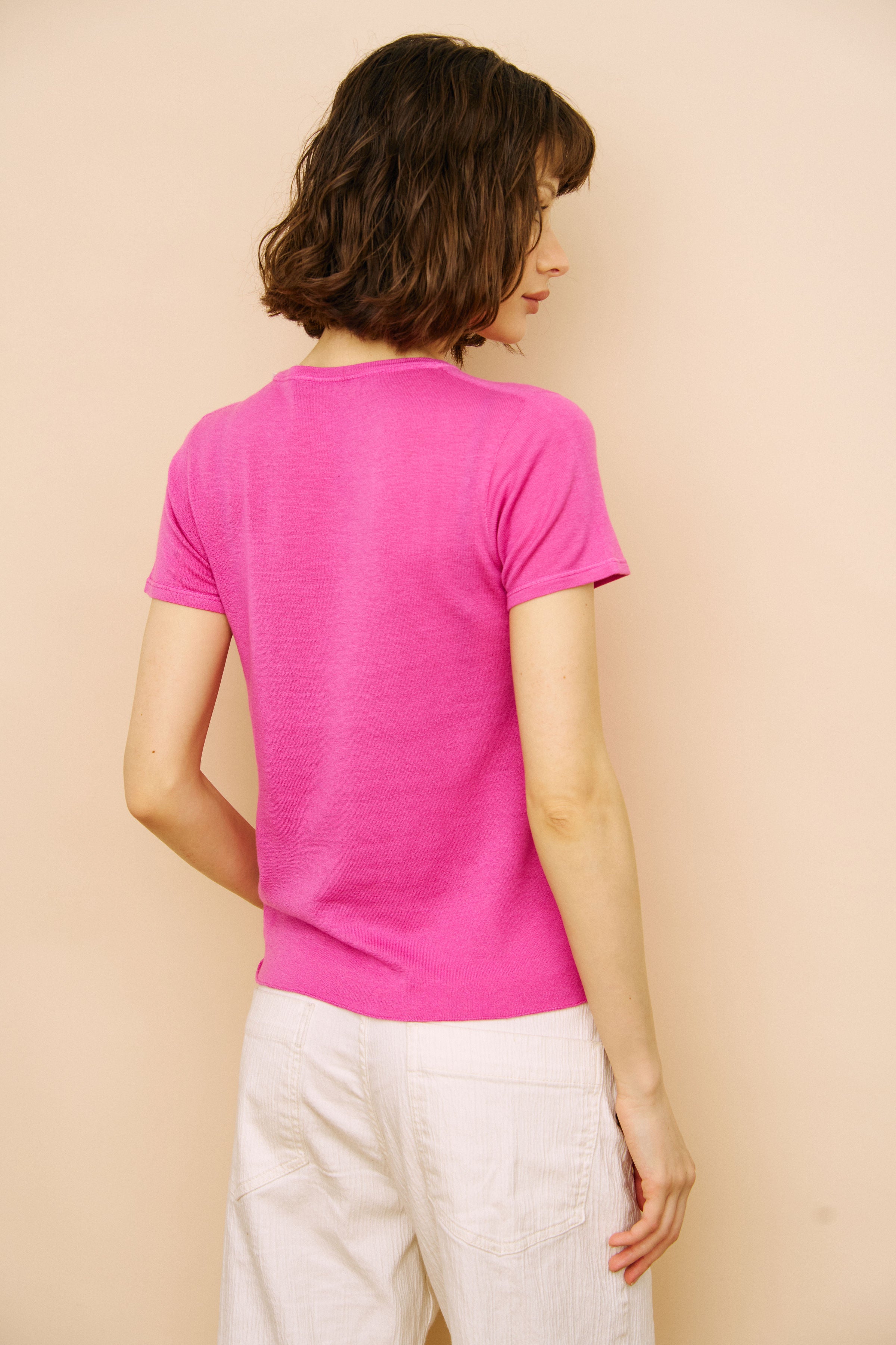 100% Machine Washable Cashmere Short Sleeve Crewneck in Purple