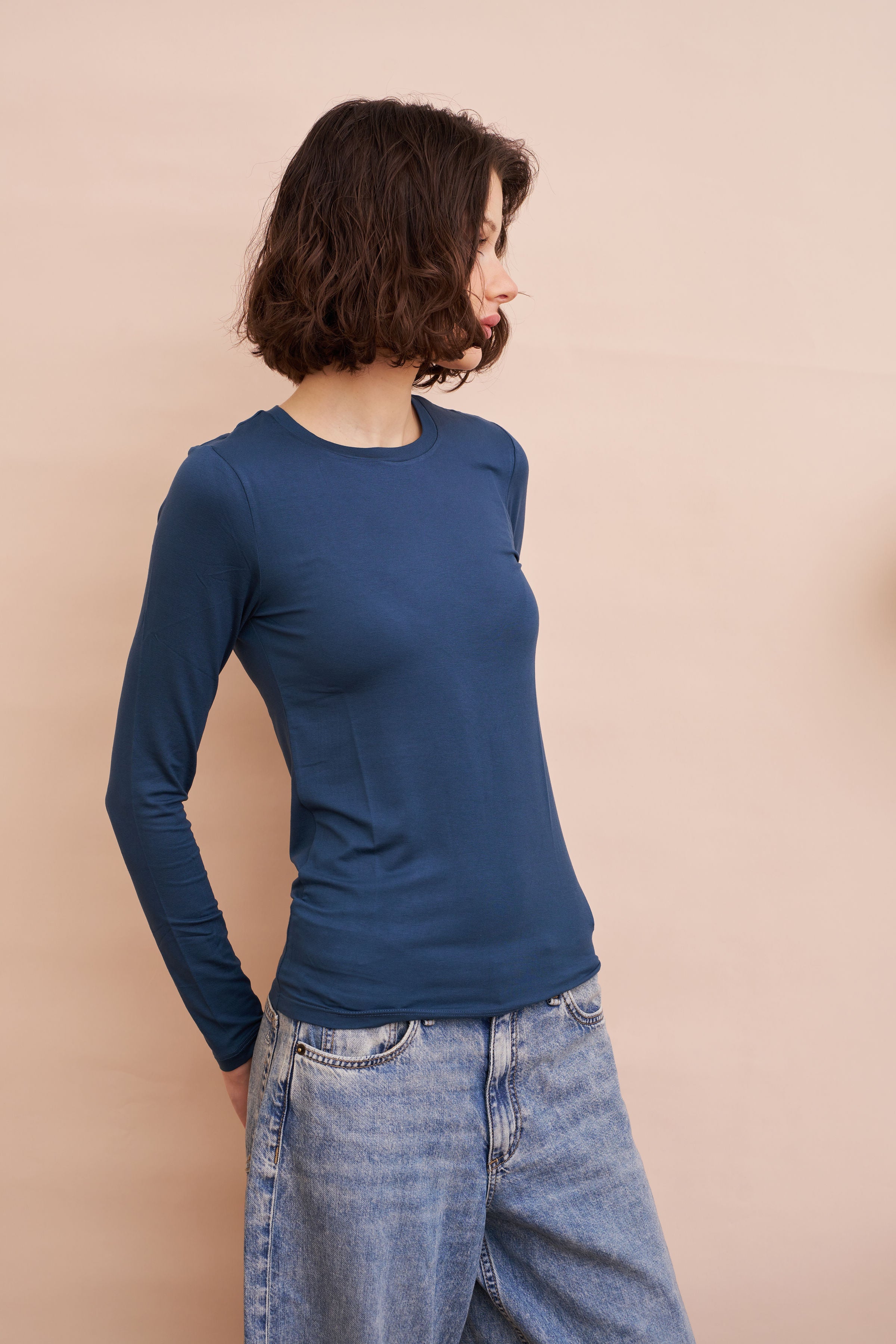Majestic Long Sleeve Soft Touch Viscose Crewneck in Bleu de Nimes