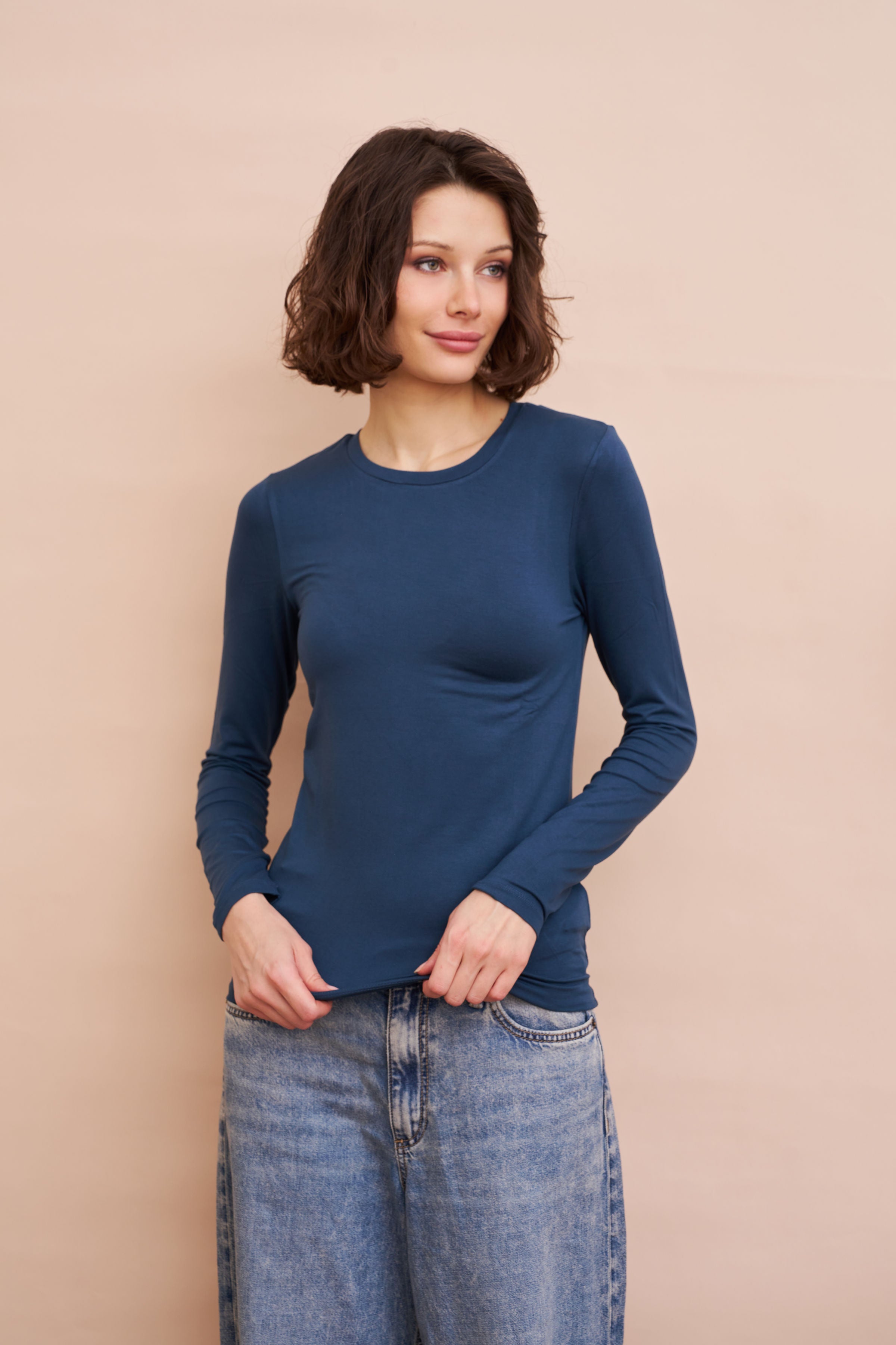 Majestic Long Sleeve Soft Touch Viscose Crewneck in Bleu de Nimes