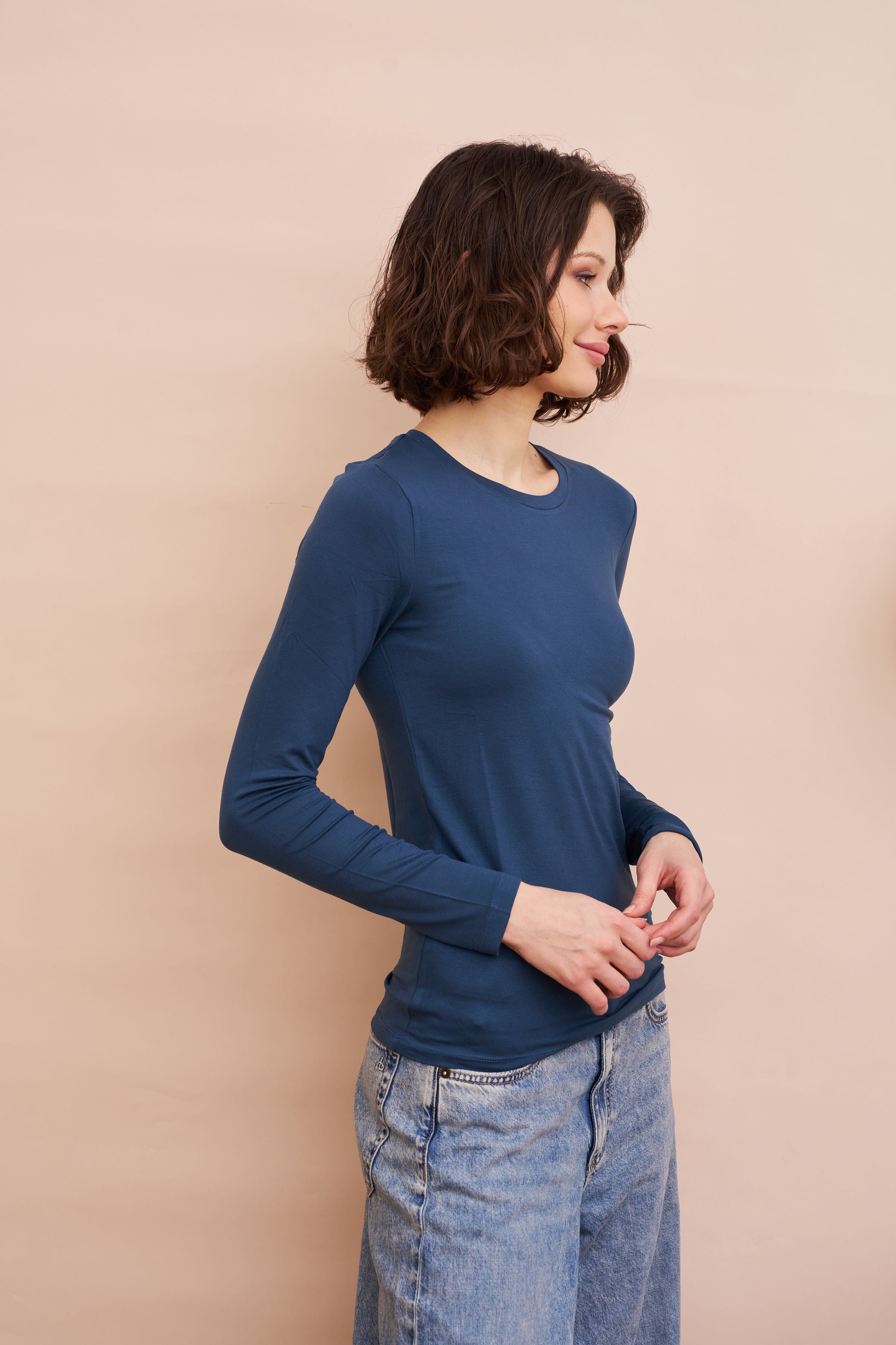 Majestic Long Sleeve Soft Touch Viscose Crewneck in Bleu de Nimes
