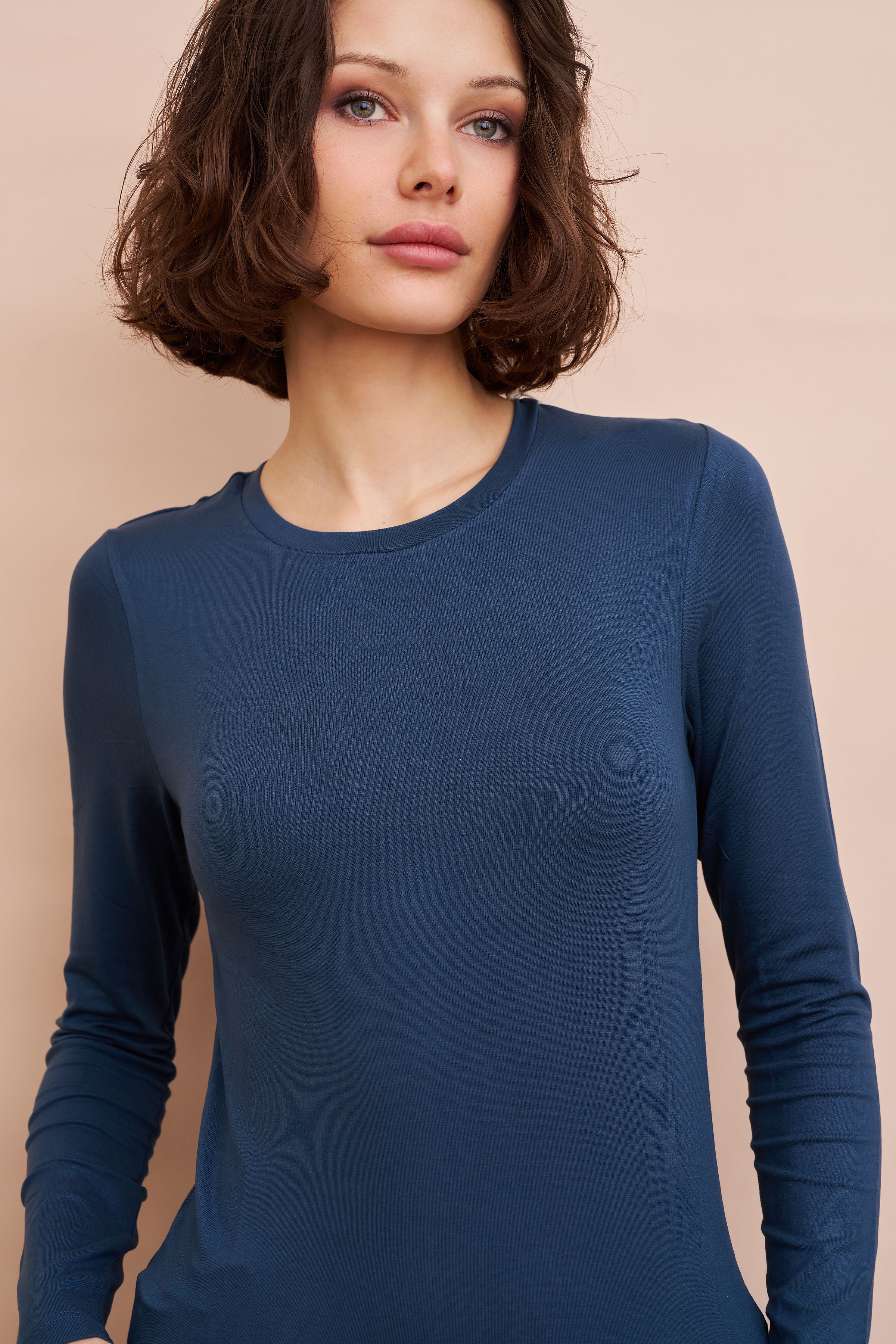 Majestic Long Sleeve Soft Touch Viscose Crewneck in Bleu de Nimes