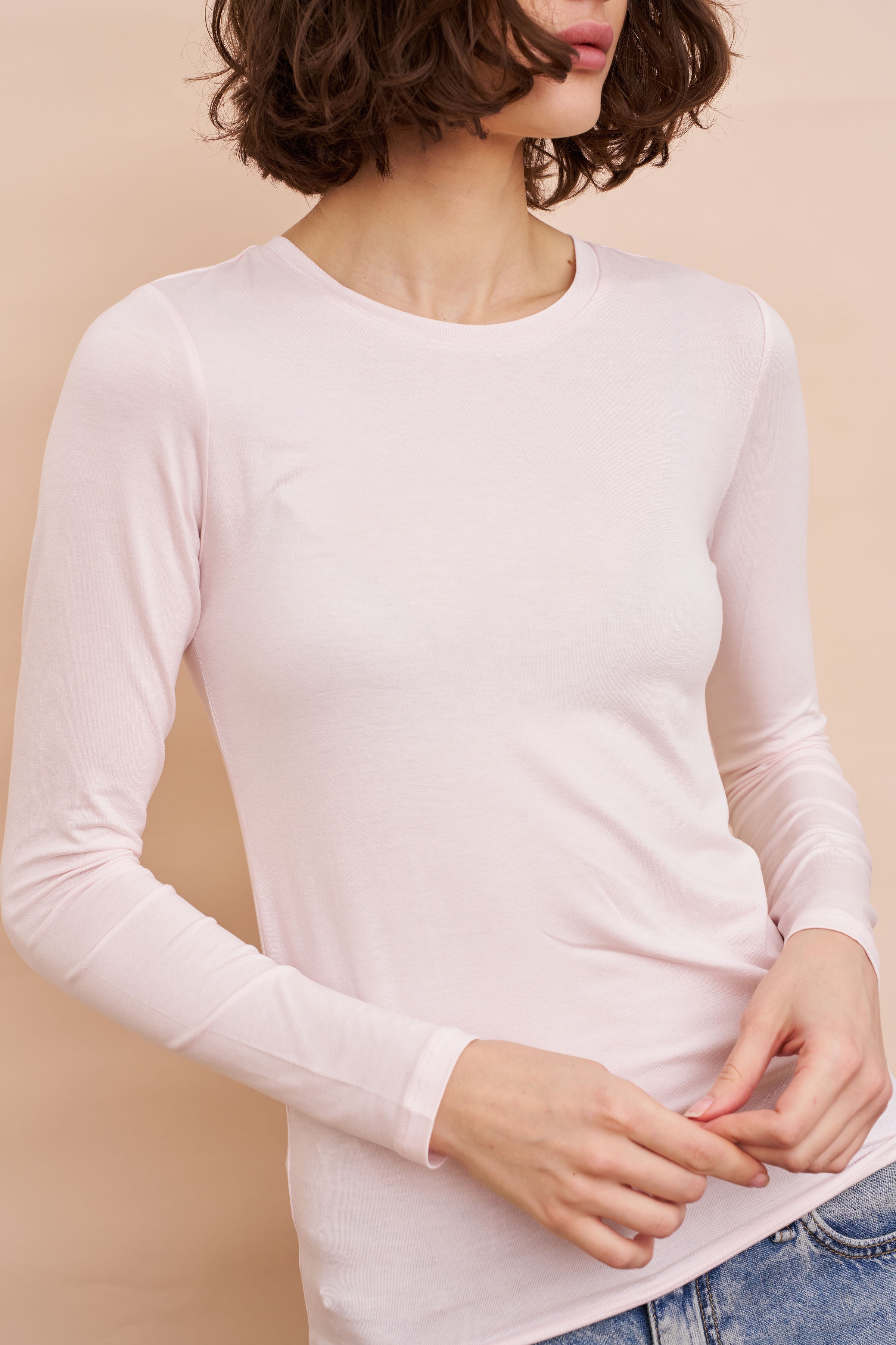 Majestic Long Sleeve Soft Touch Viscose Crewneck in Eau de Rose