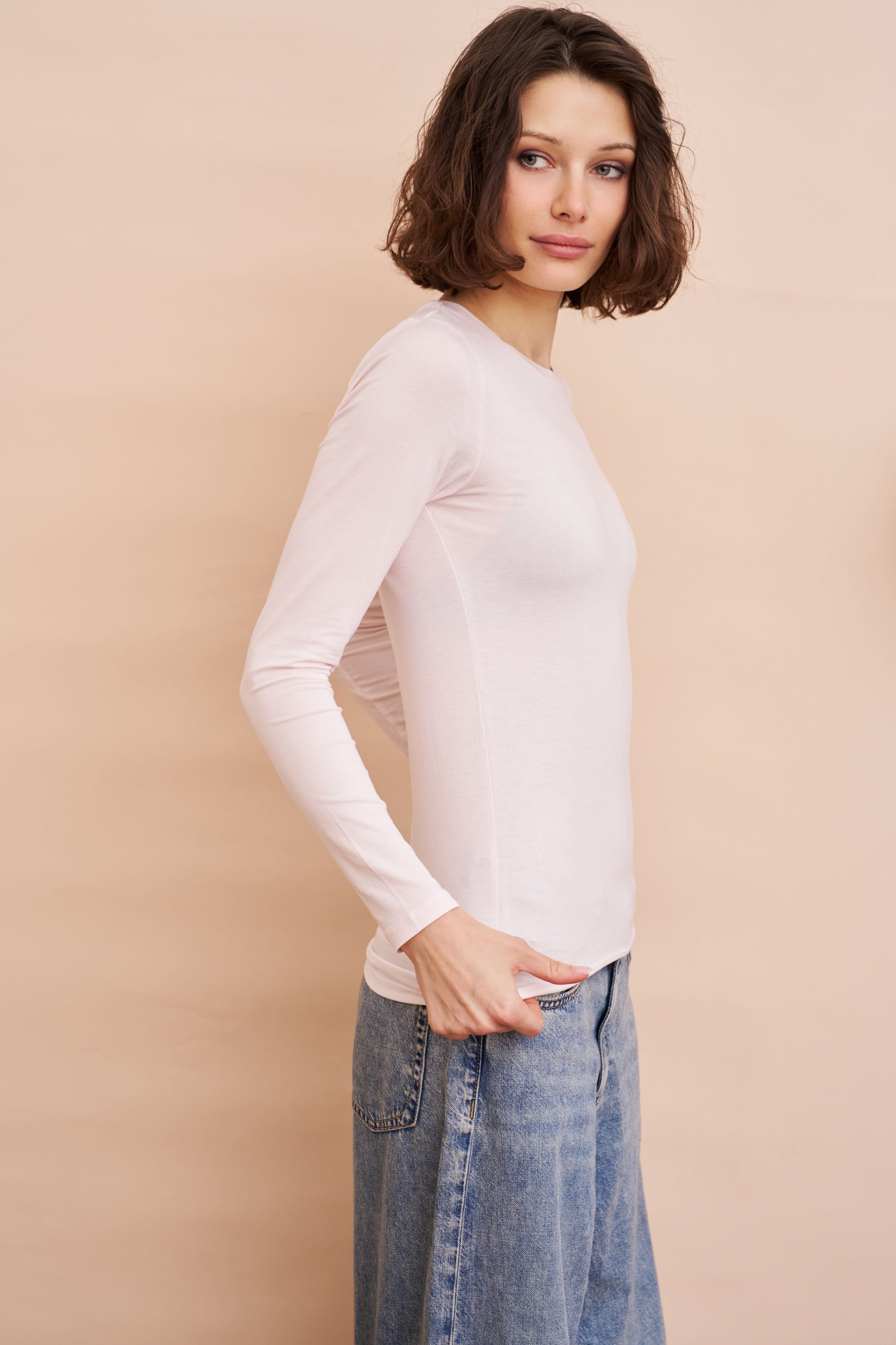 Majestic Long Sleeve Soft Touch Viscose Crewneck in Eau de Rose