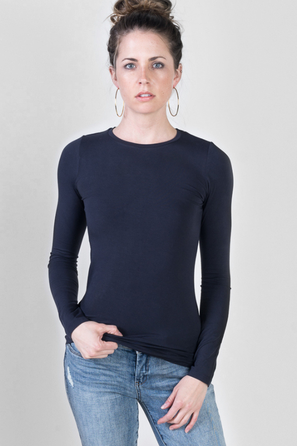 Majestic Long Sleeve Soft Touch Viscose Crewneck in Marine