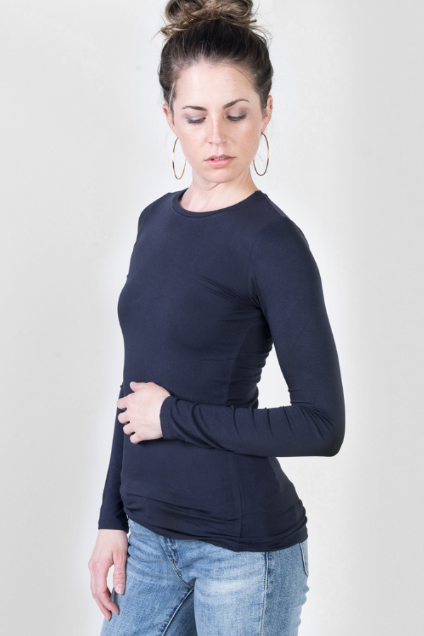 Majestic Long Sleeve Soft Touch Viscose Crewneck in Marine
