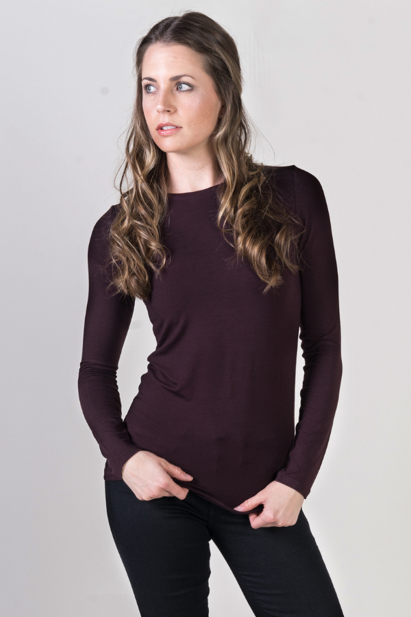 Majestic Long Sleeve Soft Touch  Viscose Crewneck in Aubergine