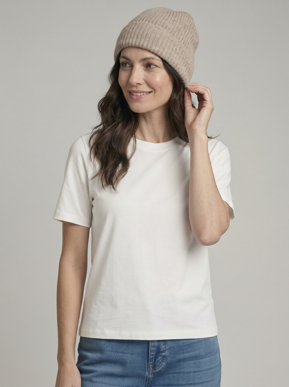 Cashmere Beanie in Ecru Chine