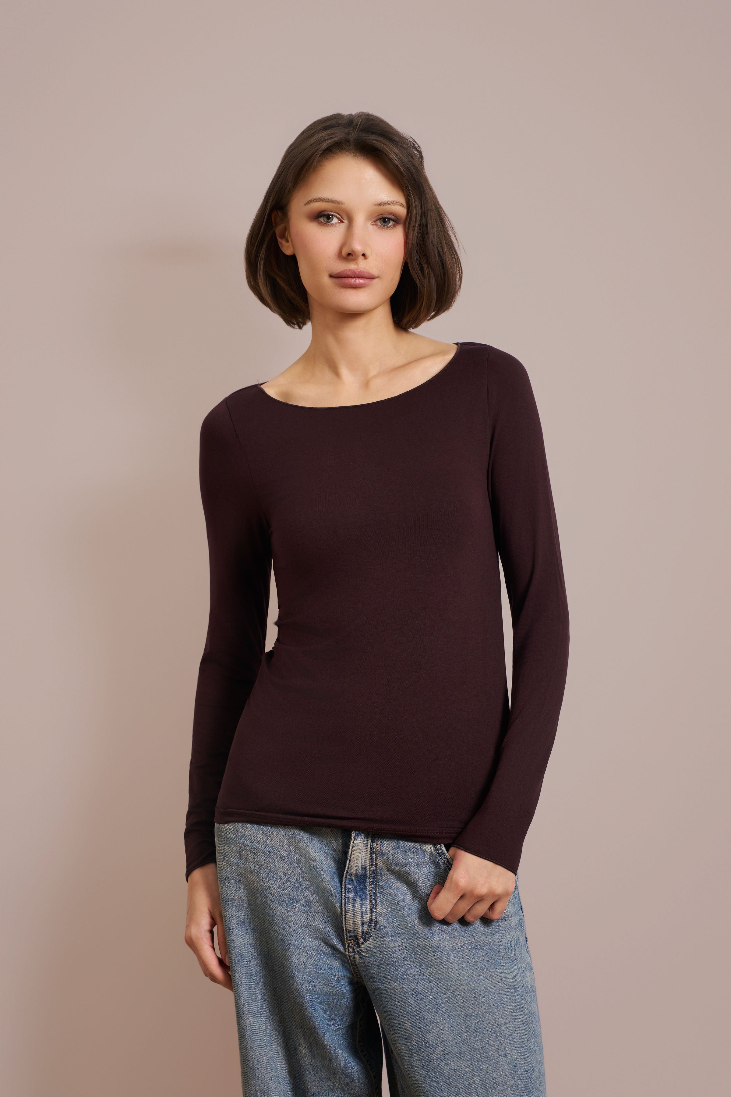Majestic Soft Touch Long Sleeve Boatneck in Aubergine