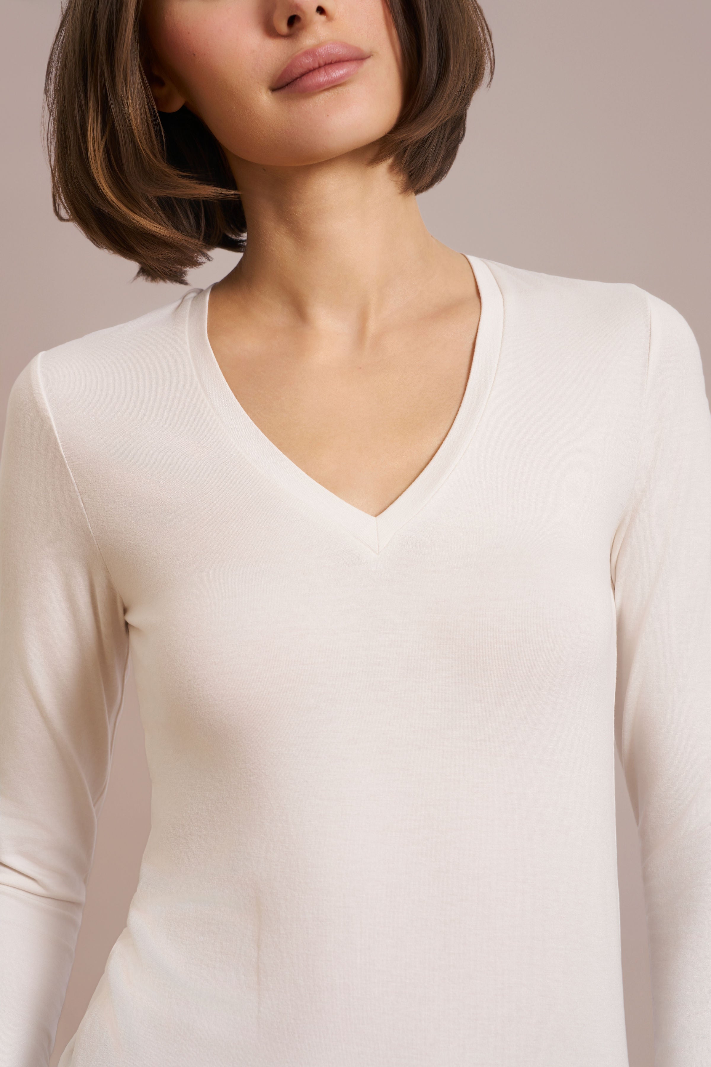 Majestic Long Sleeve Viscose V-Neck Tee in Cream
