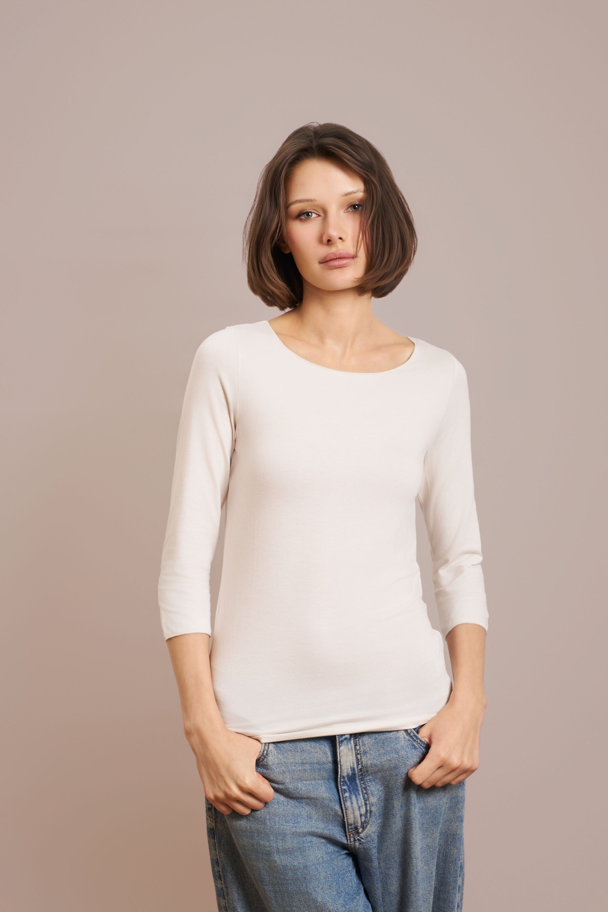 Majestic Soft Touch 3/4 Sleeve Merrow Edge Boatneck in Cream