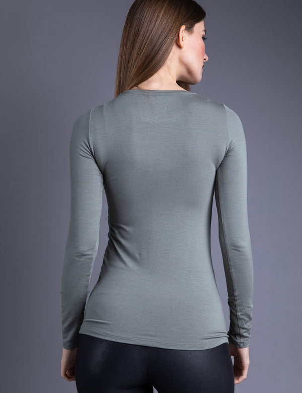 Majestic Long Sleeve Soft Touch Viscose Crewneck in Kaki Army