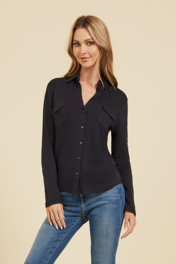 Majestic Double Face Cotton, Cashmere and Silk Pocket Shirt in Marine/Anthracite