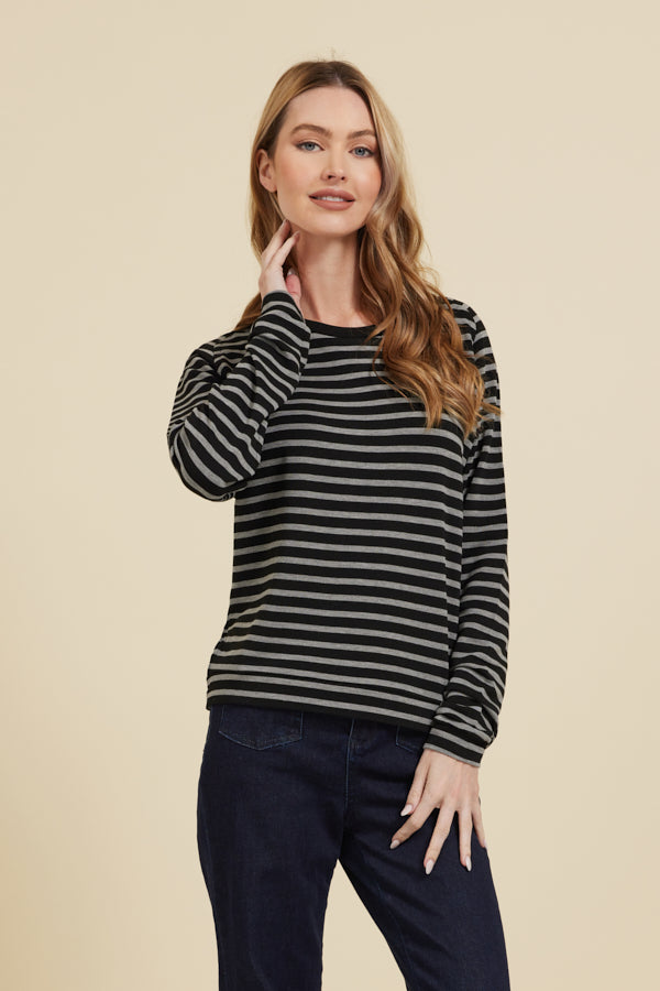 Majestic French Terry Stripe Semi-Relaxed Long Sleeve Pullover Crew in Noir/Grey