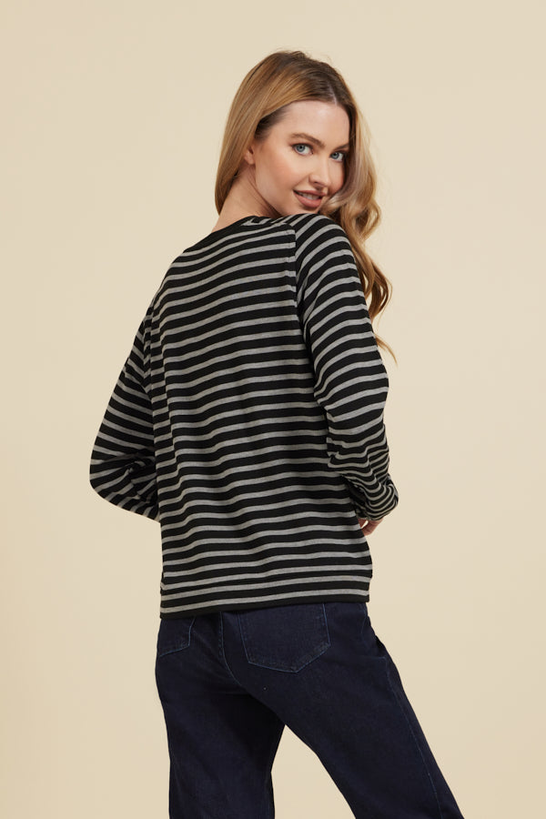 Majestic French Terry Stripe Semi-Relaxed Long Sleeve Pullover Crew in Noir/Grey