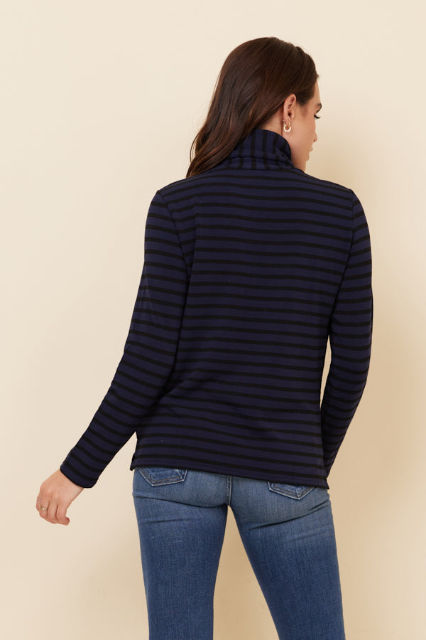 Majestic French Terry Stripe Semi Relaxed Turtleneck in Marine/Noir