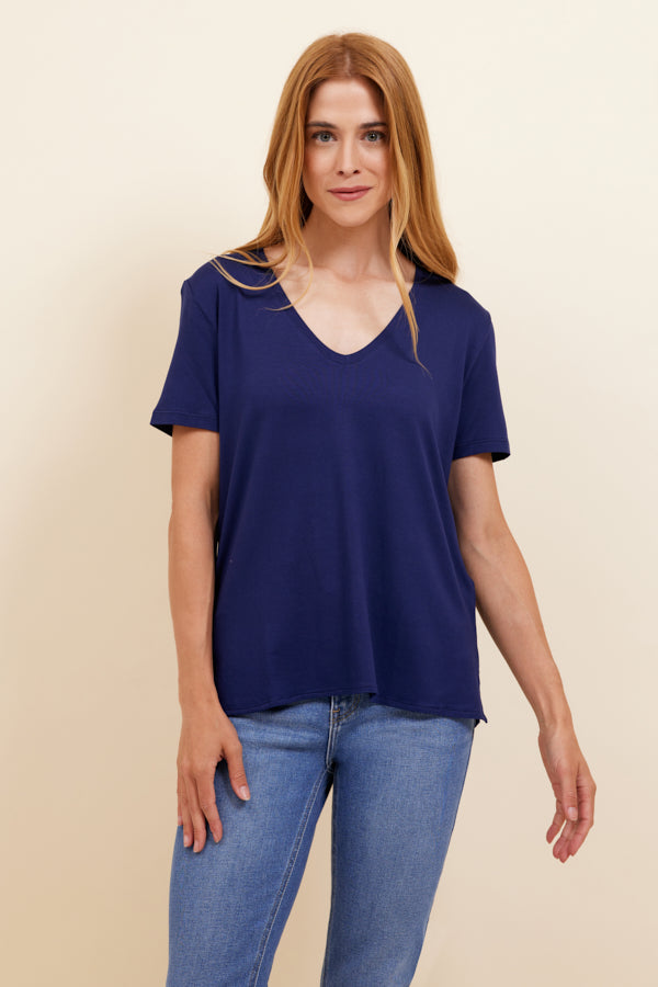 Majestic Soft Touch Semi Relaxed Short Sleeve V-Neck Tee in Saphir