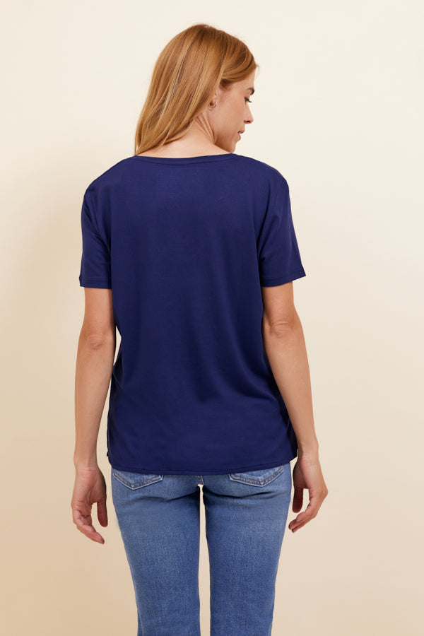 Majestic Soft Touch Semi Relaxed Short Sleeve V-Neck Tee in Saphir