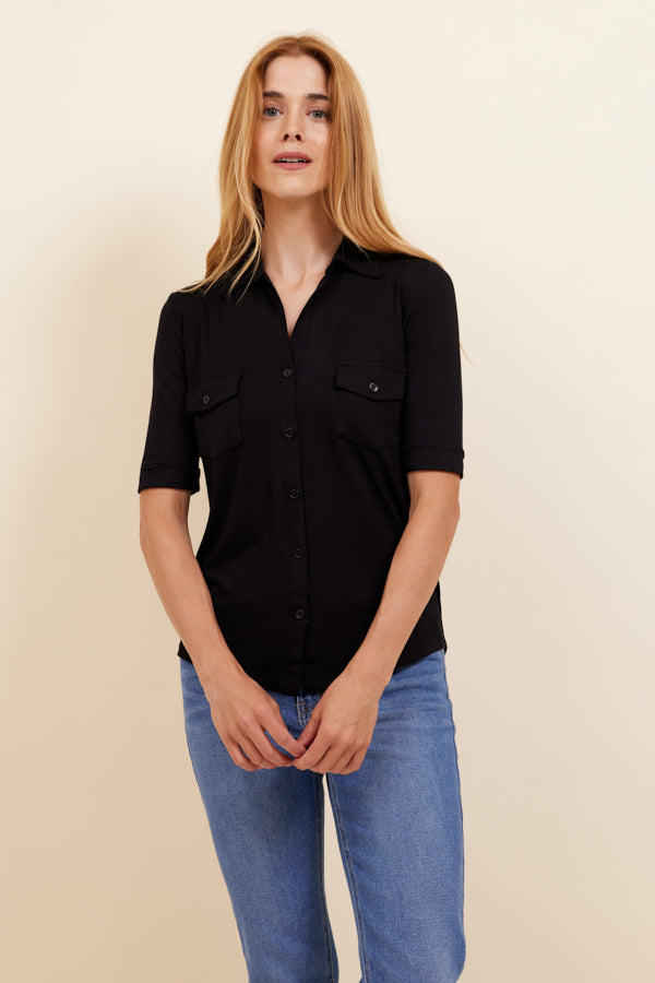 Majestic Soft Touch Elbow Sleeve Button Shirt in Noir