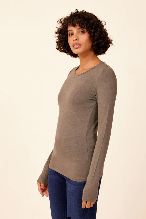 Majestic Long Sleeve Soft Touch Viscose Crewneck in Militaire