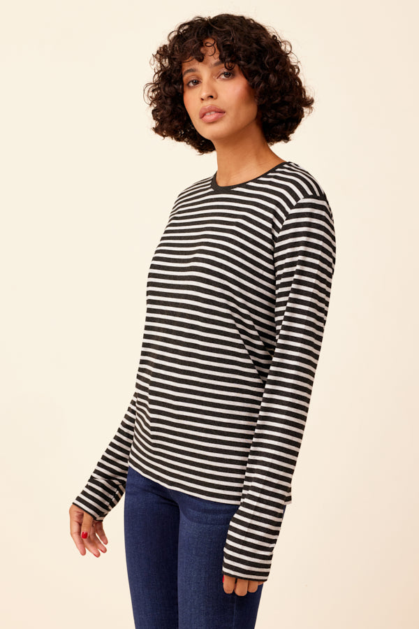 Soft Touch Striped Semi Relaxed Crewneck in Anthracite Chine/Black