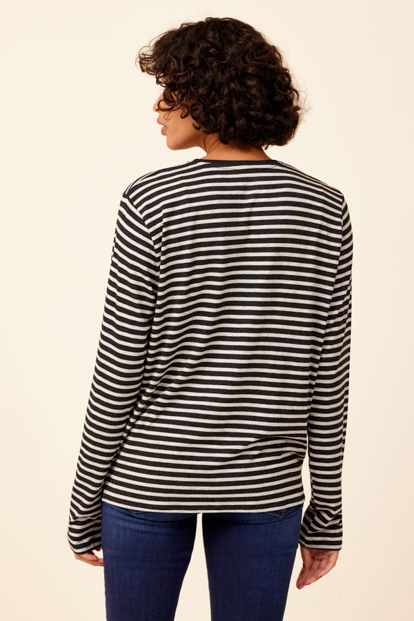 Soft Touch Striped Semi Relaxed Crewneck in Anthracite Chine/Black