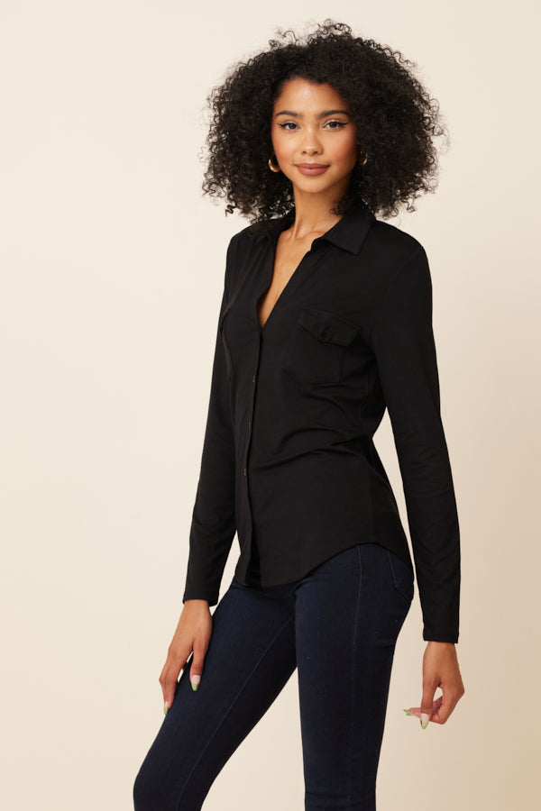 Majestic Soft Touch Long Sleeve Button front Pocket Shirt in Noir/black