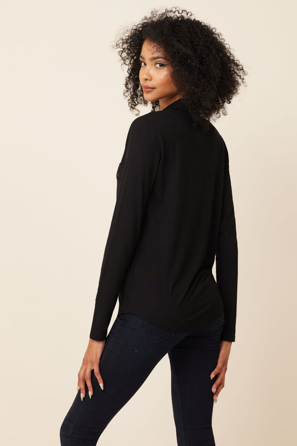 Majestic Soft Touch Long Sleeve Button front Pocket Shirt in Noir/black