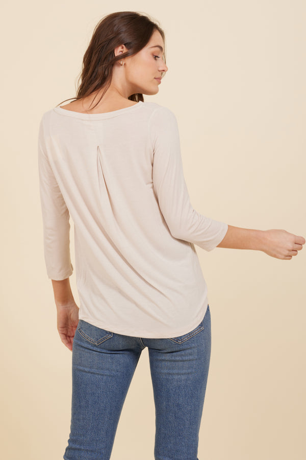 Soft Touch 3/4 Sleeve Pleat Back Crewneck in Cloud
