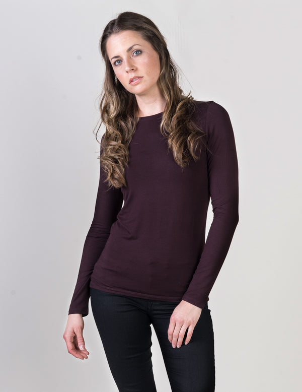 Majestic Long Sleeve Soft Touch  Viscose Crewneck in Aubergine