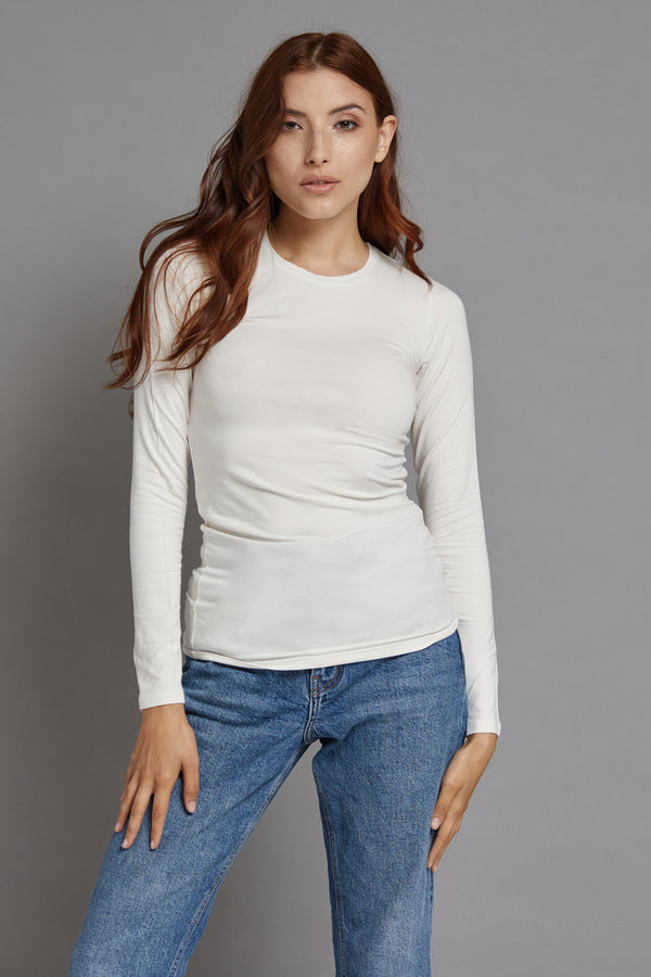 Majestic Long Sleeve Soft Touch Viscose Crewneck in Milk