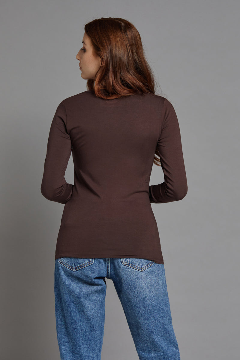 Majestic Long Sleeve Viscose V-Neck Tee in Coffee
