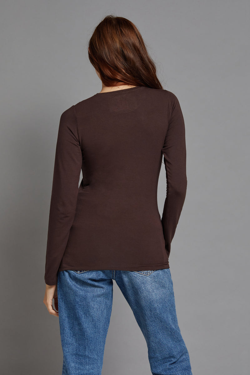 Majestic Long Sleeve Soft Touch Viscose Crewneck in Coffee