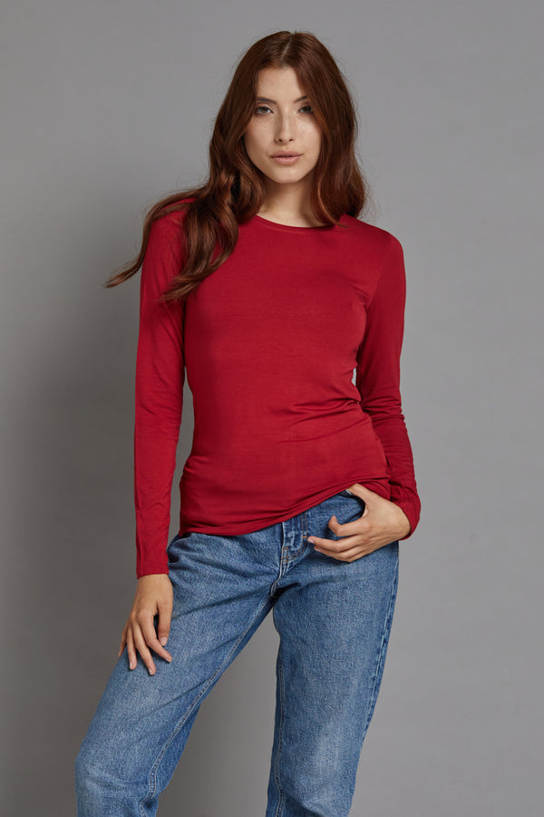 Majestic Long Sleeve Soft Touch Viscose Crewneck in Rubis