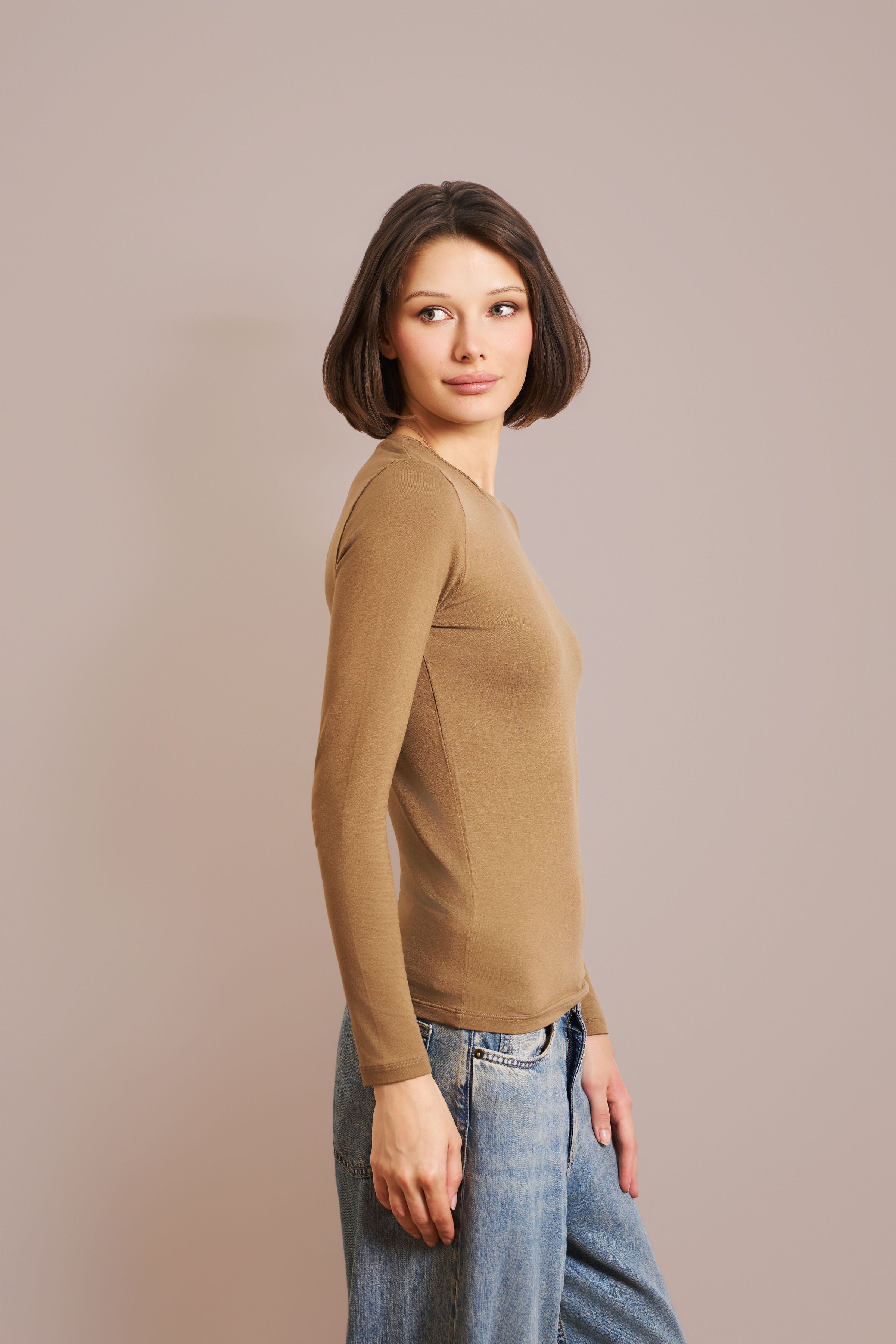 Majestic Long Sleeve Soft Touch Viscose Crewneck in Havana