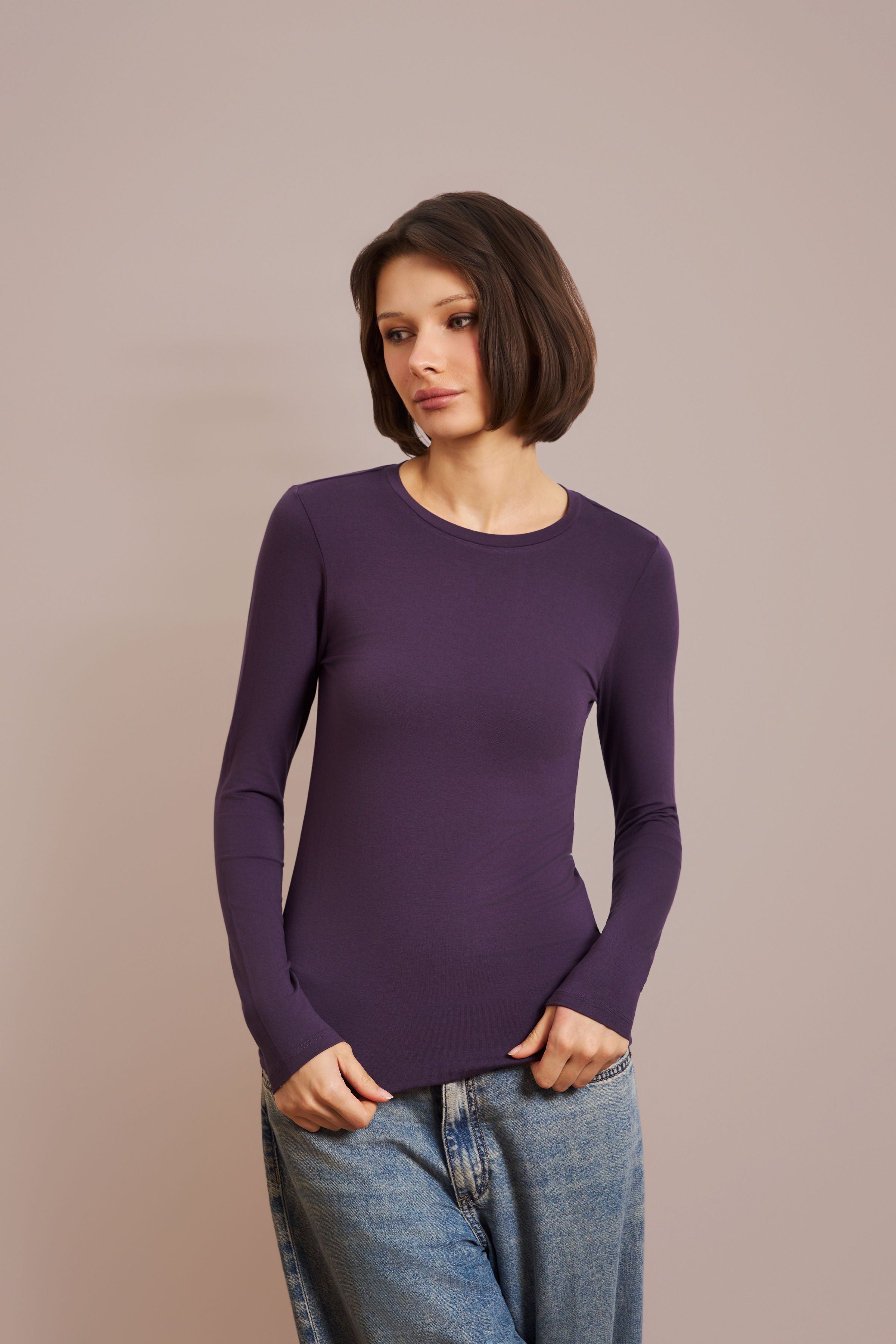 Majestic Long Sleeve Soft Touch Viscose Crewneck in Anemone