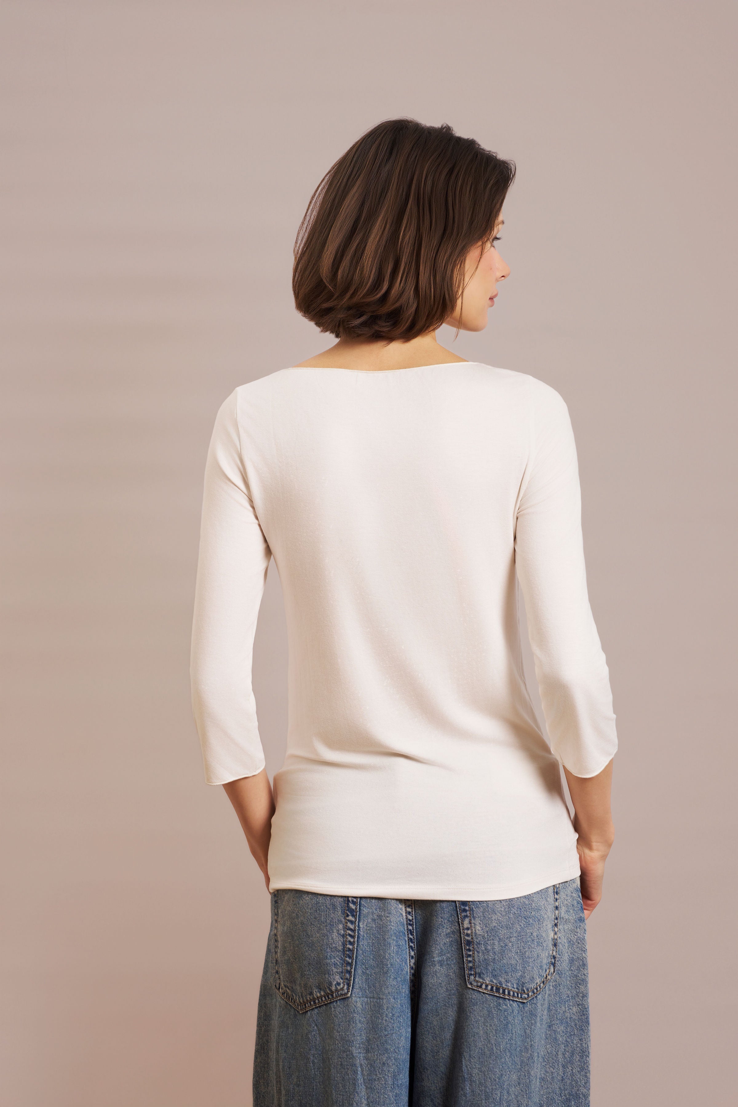 Majestic Soft Touch 3/4 Sleeve Merrow Edge Boatneck in Cream