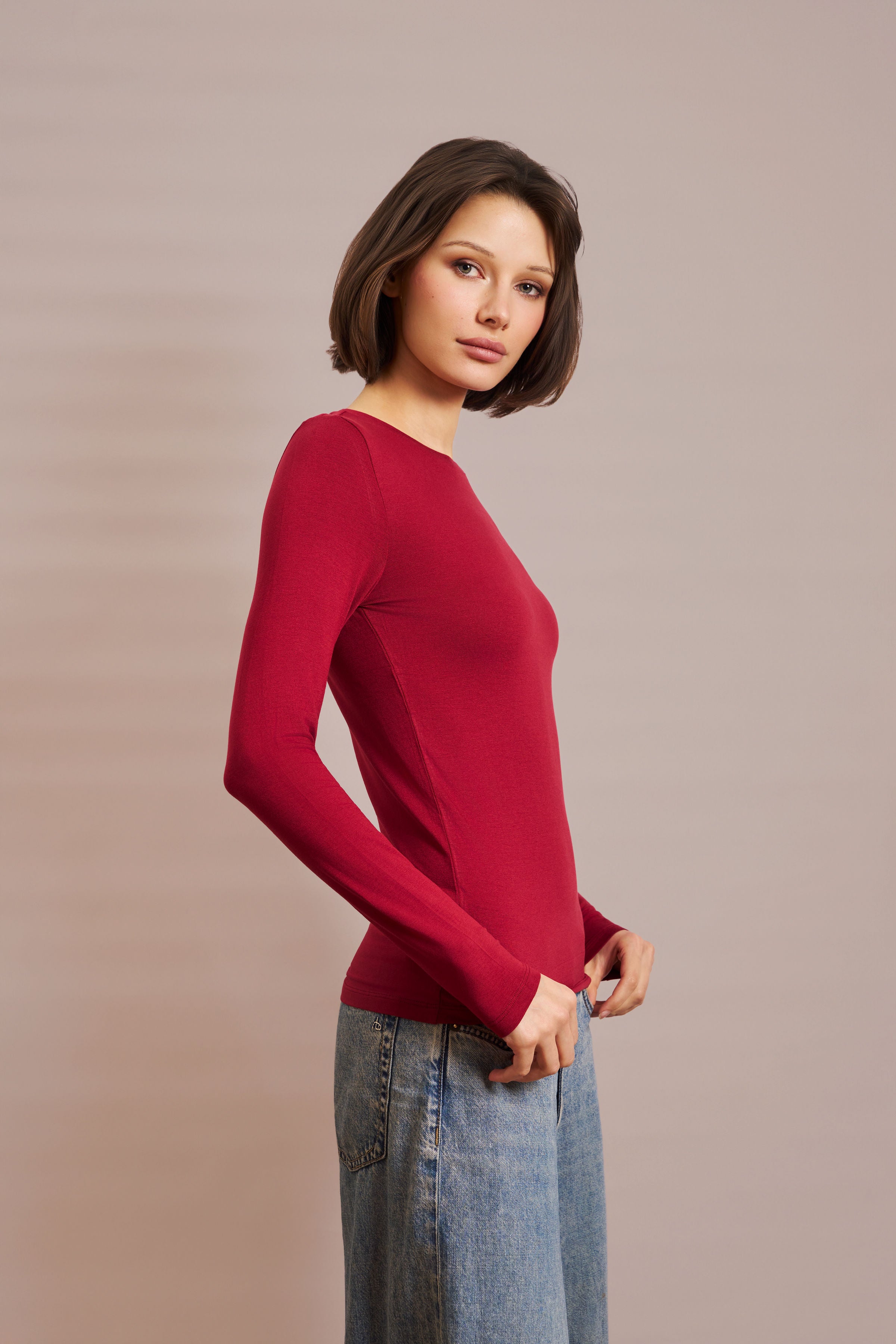 Majestic Long Sleeve Soft Touch Viscose Crewneck in Syrah