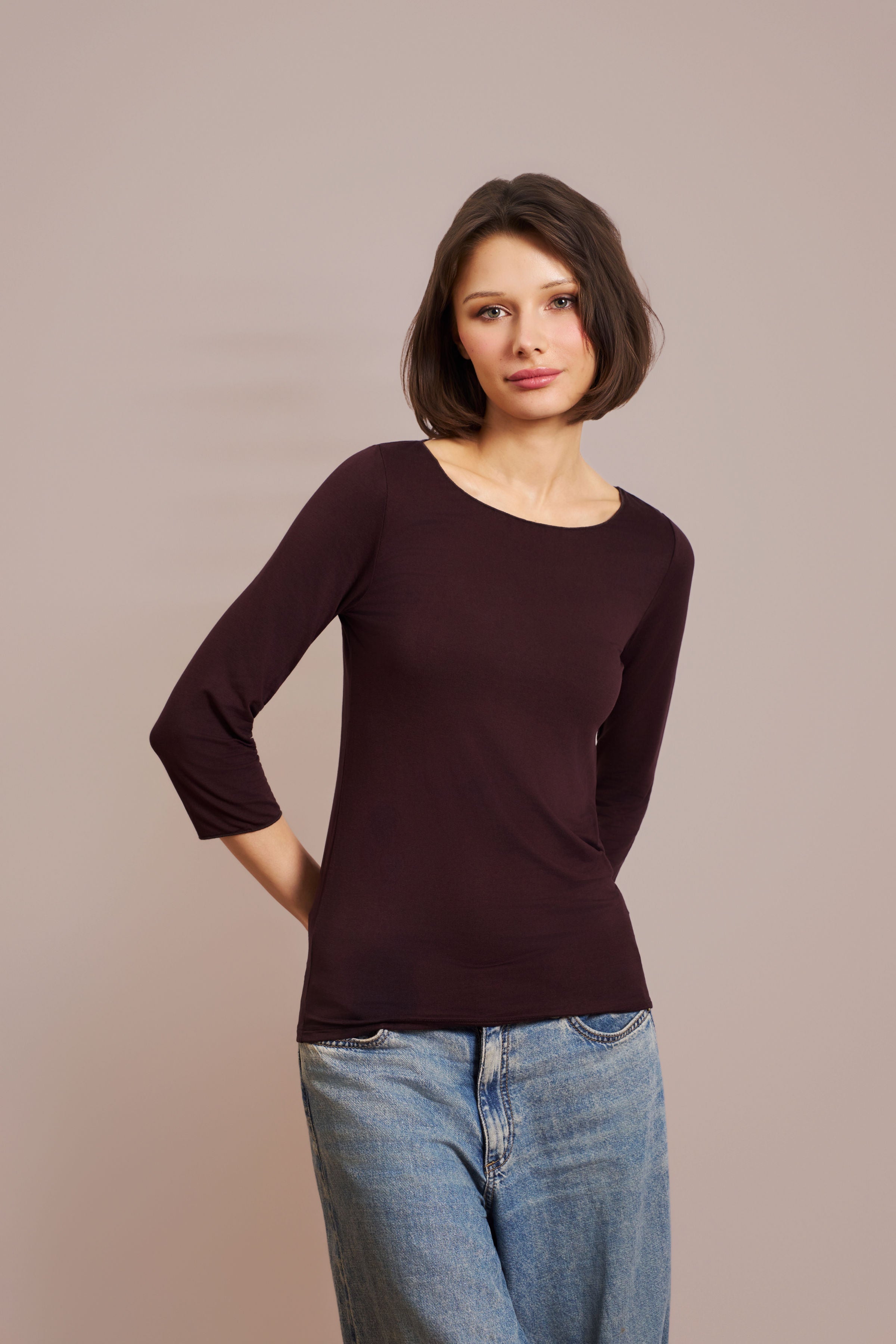 Majestic Soft Touch 3/4 Sleeve Merrow Edge Boatneck in Aubergine