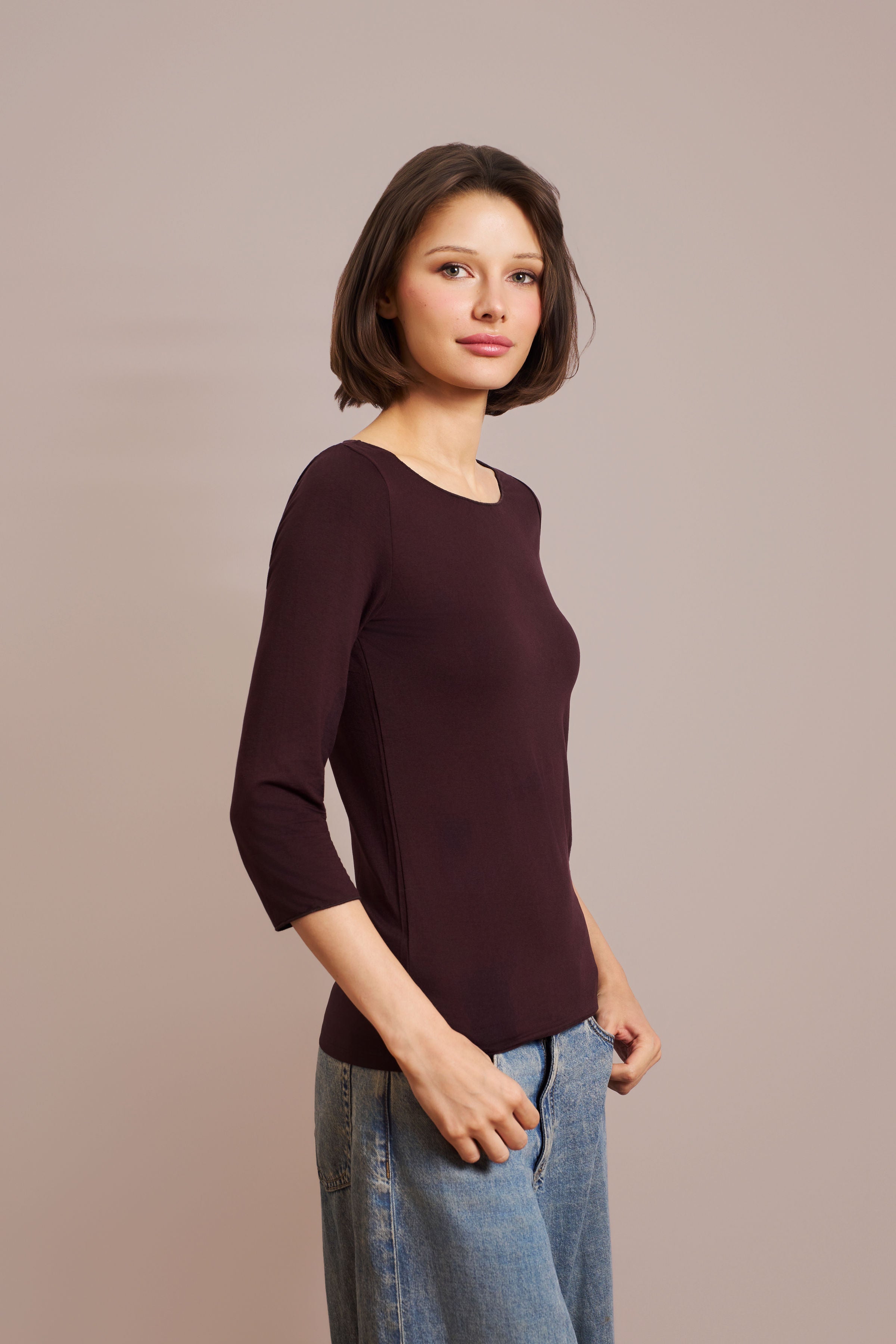 Majestic Soft Touch 3/4 Sleeve Merrow Edge Boatneck in Aubergine