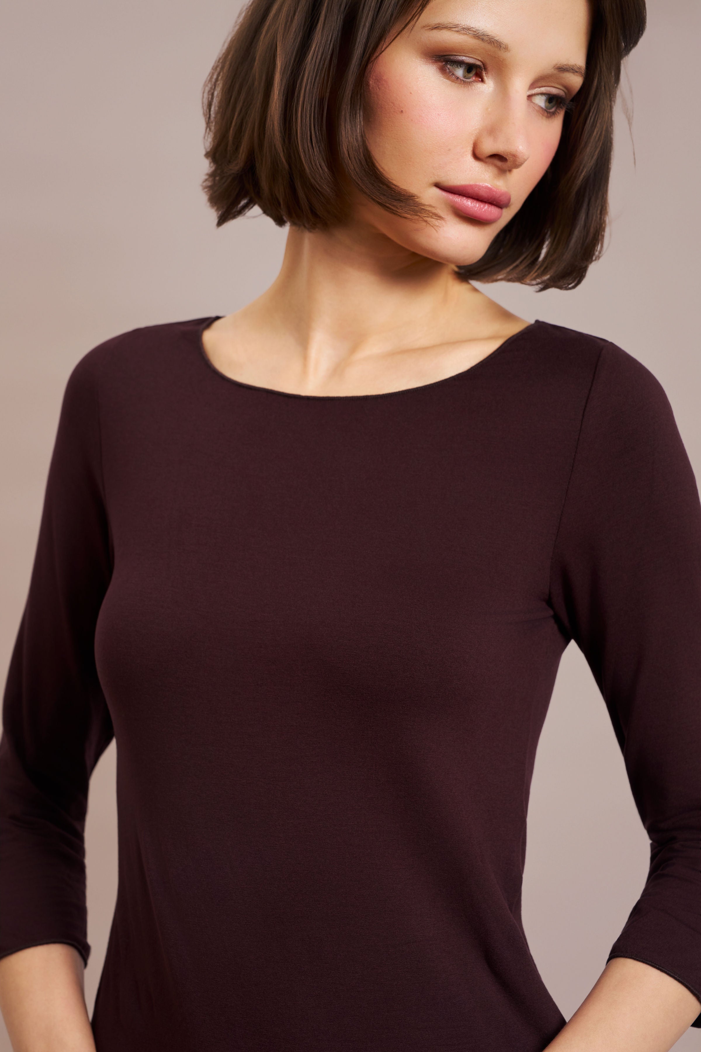 Majestic Soft Touch 3/4 Sleeve Merrow Edge Boatneck in Aubergine
