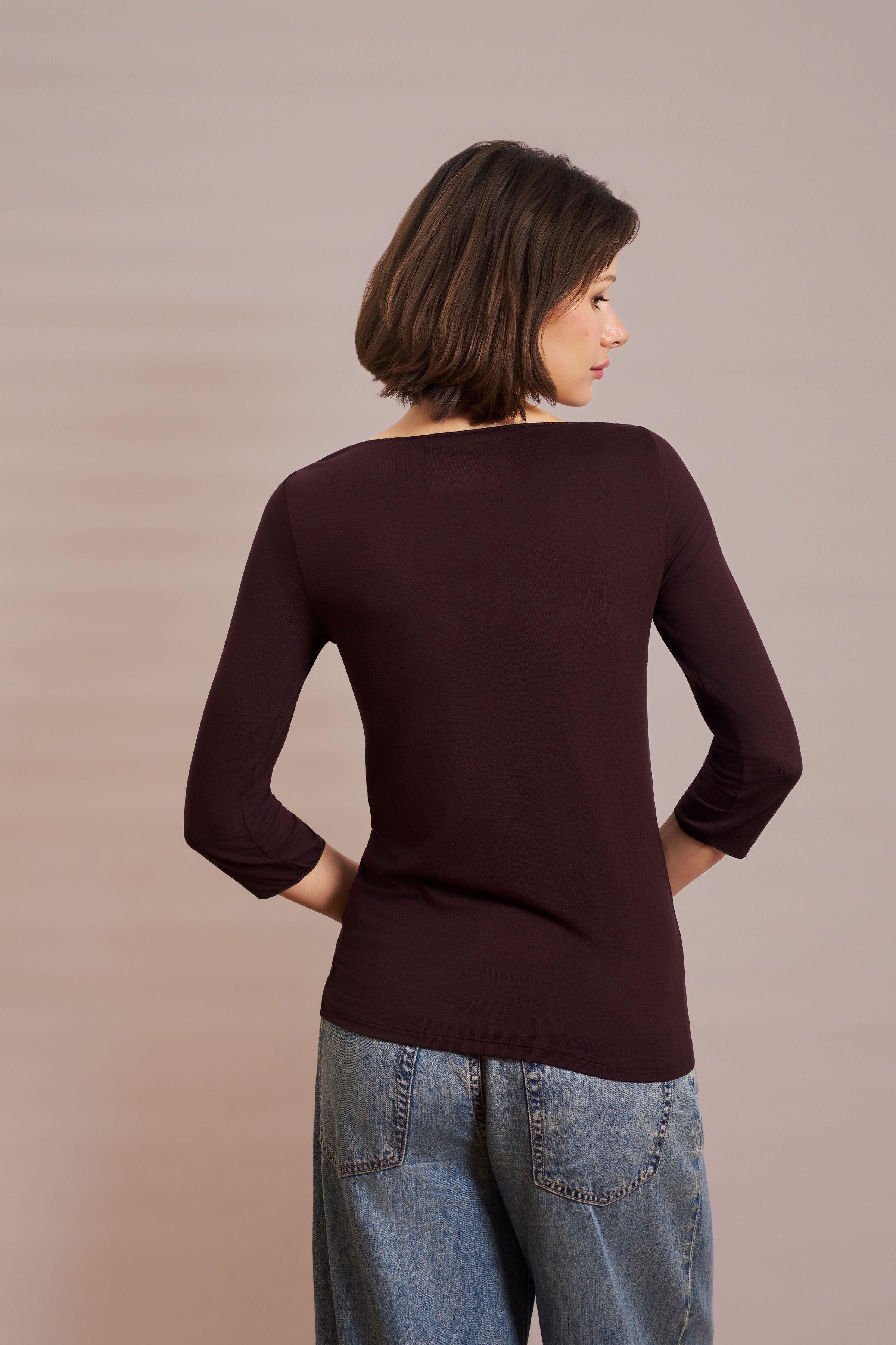 Majestic Soft Touch 3/4 Sleeve Merrow Edge Boatneck in Aubergine