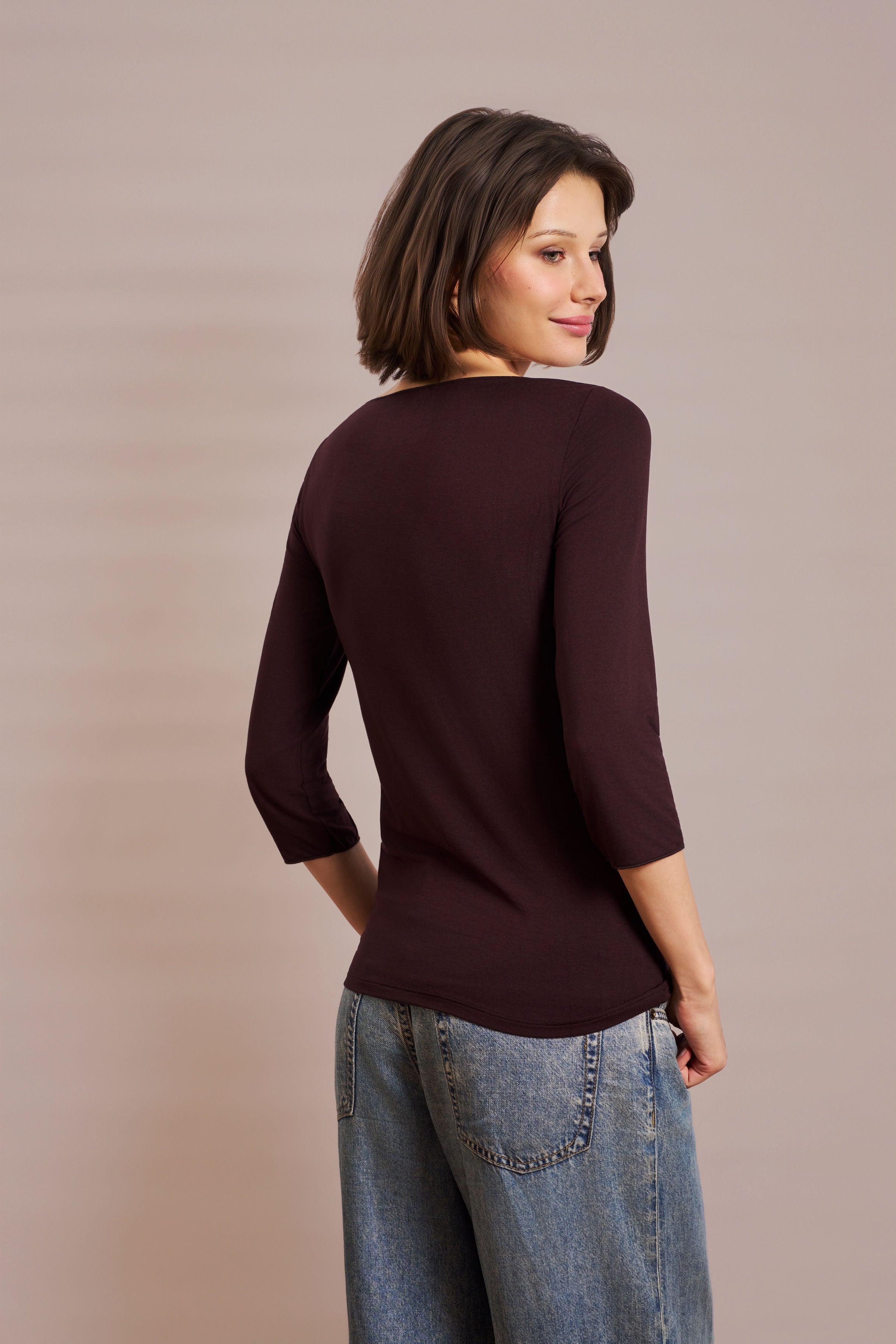 Majestic Soft Touch 3/4 Sleeve Merrow Edge Boatneck in Aubergine