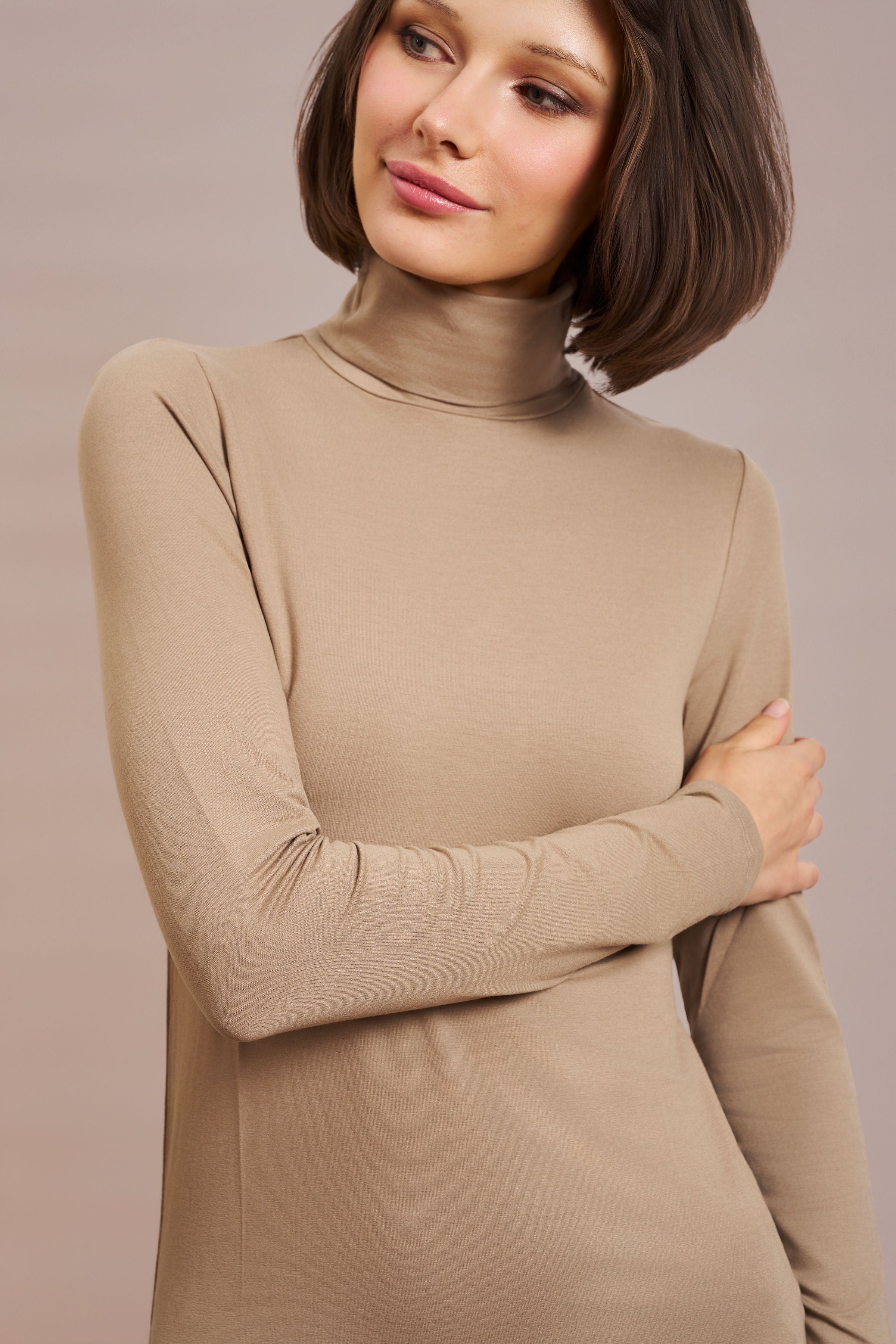 Majestic Soft Touch Long Sleeve Turtleneck in Fossil