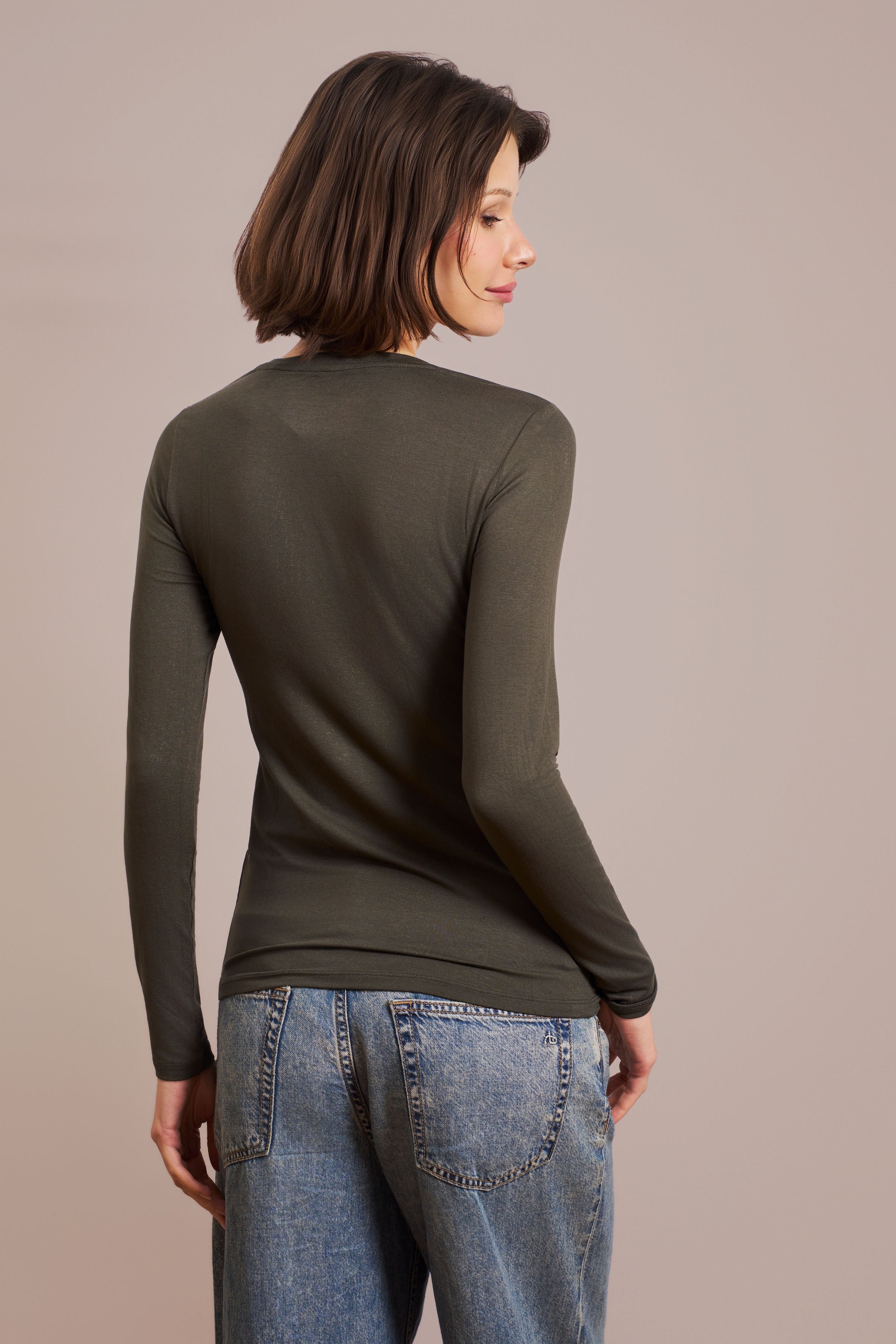 Majestic Long Sleeve Soft Touch Viscose Crewneck in Volcanic Rock