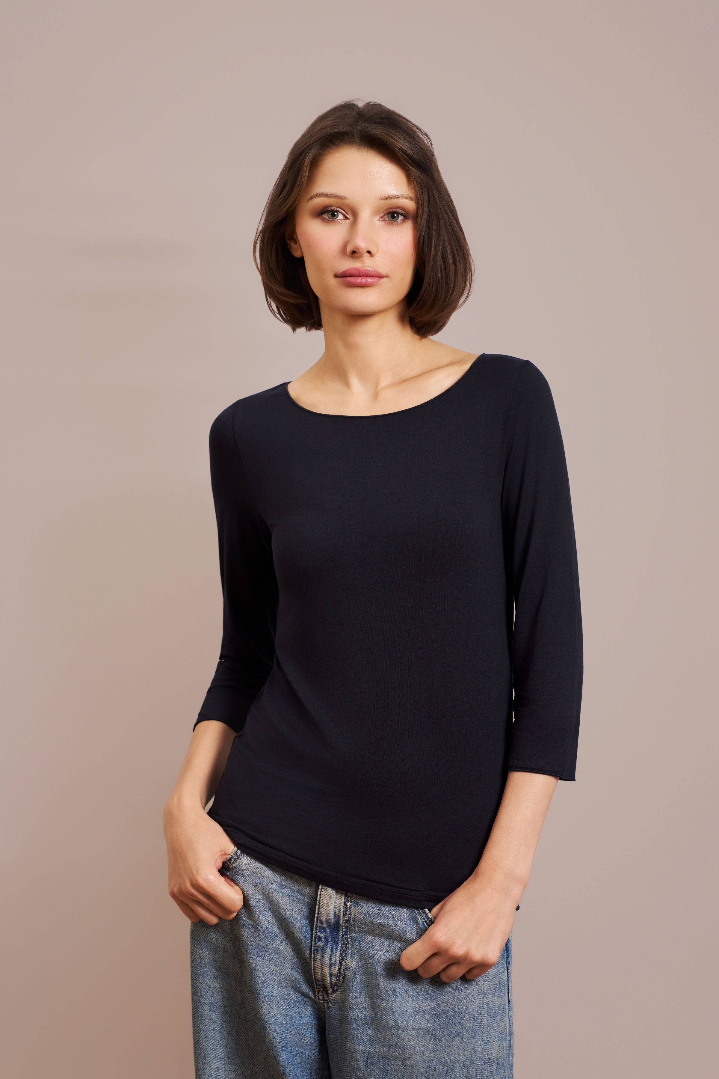 Majestic 3/4 Sleeve Viscose Boatneck Tee in Marine