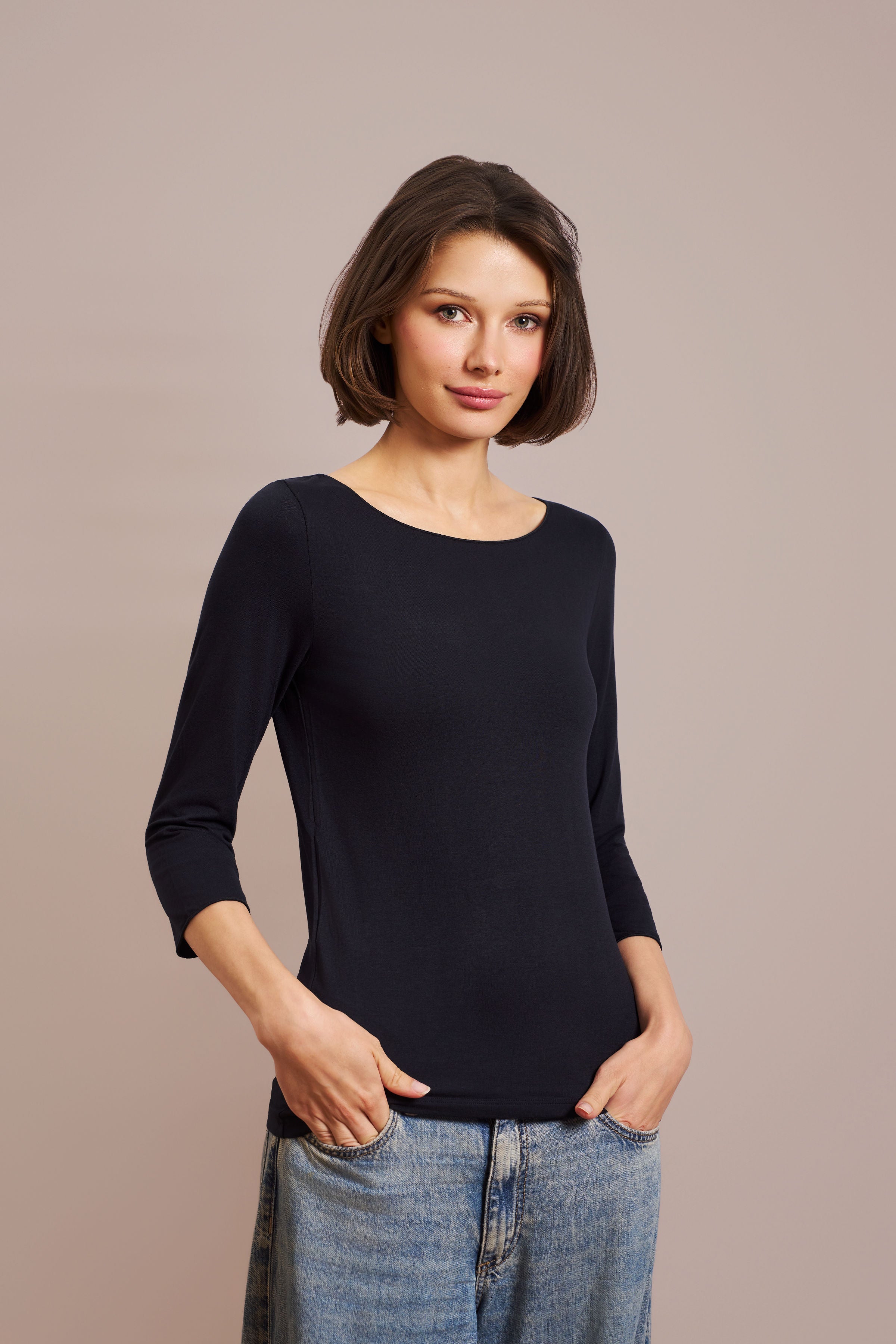 Majestic 3/4 Sleeve Viscose Boatneck Tee in Marine