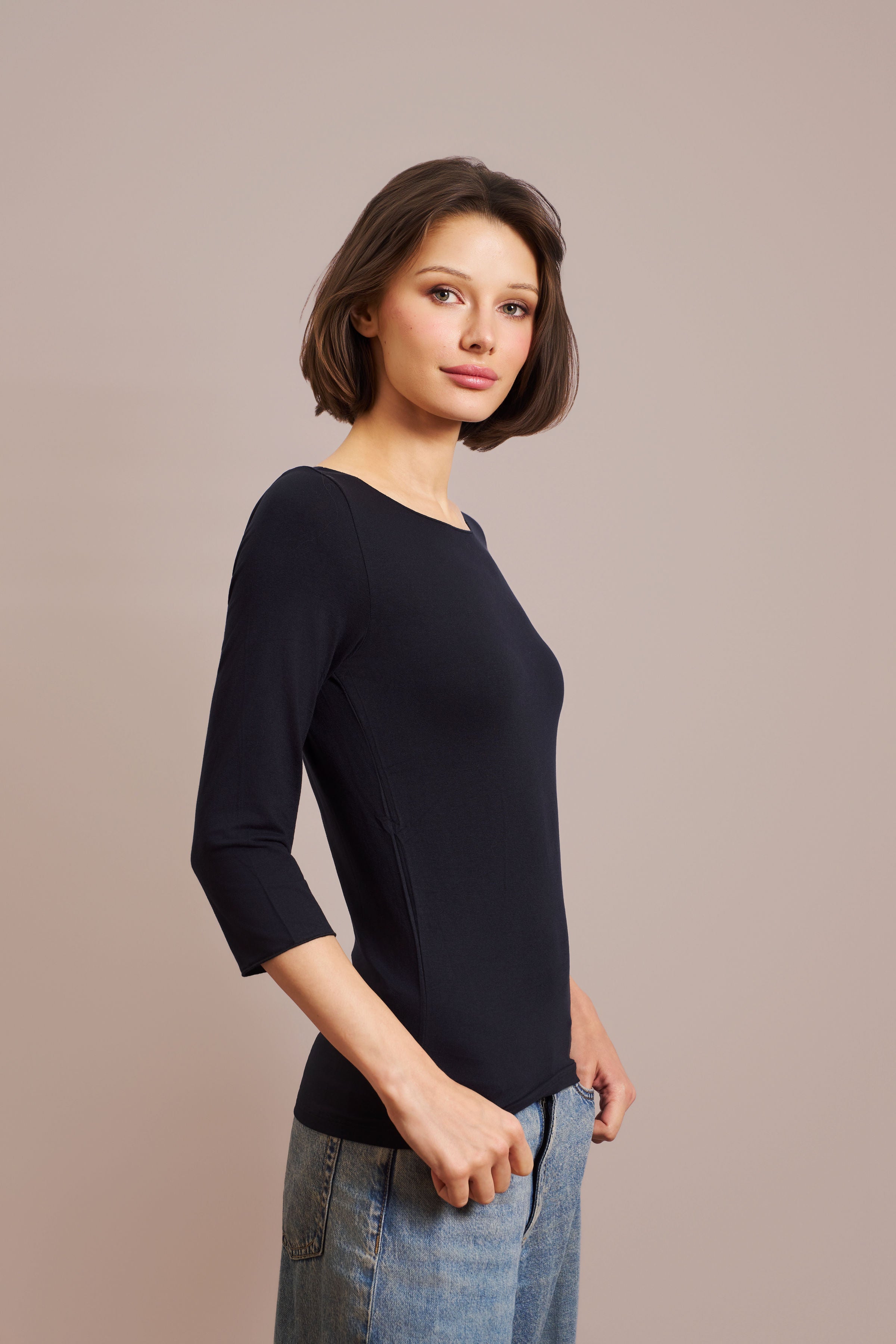 Majestic 3/4 Sleeve Viscose Boatneck Tee in Marine